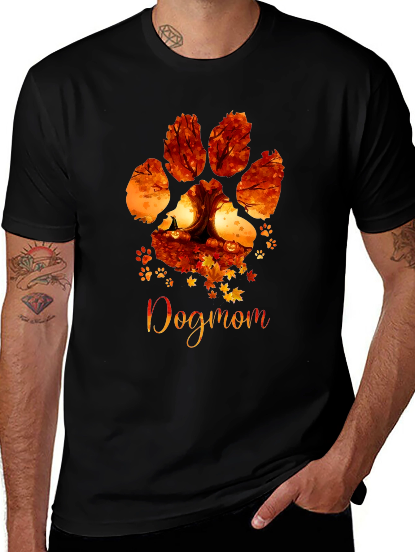 Variant 7 of Dogmom Fall Paw Print T-Shirt Autumn Leaves