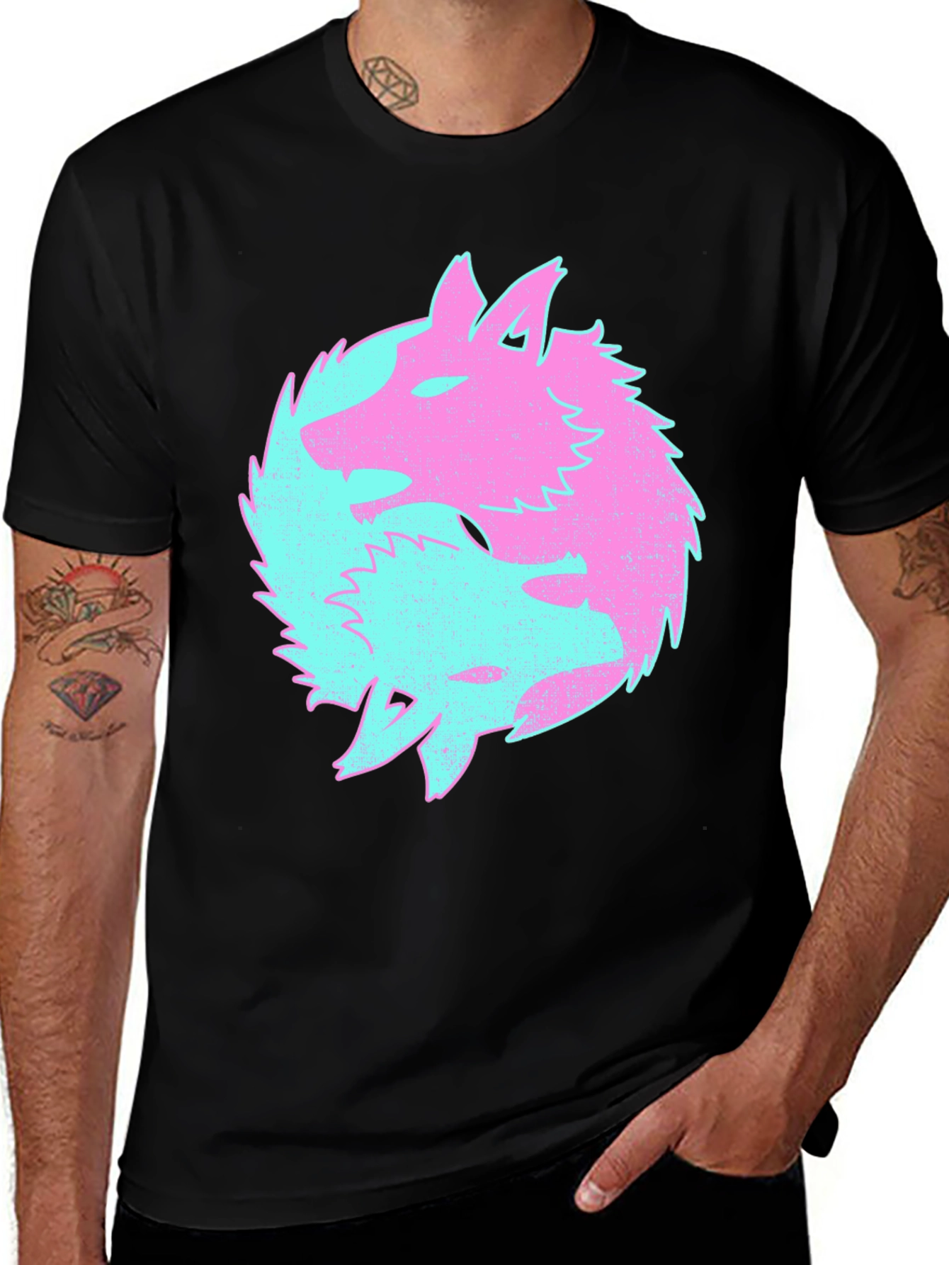 Variant 18 of Yin Yang Wolves Graphic Tee - Black Cotton T-Shirt