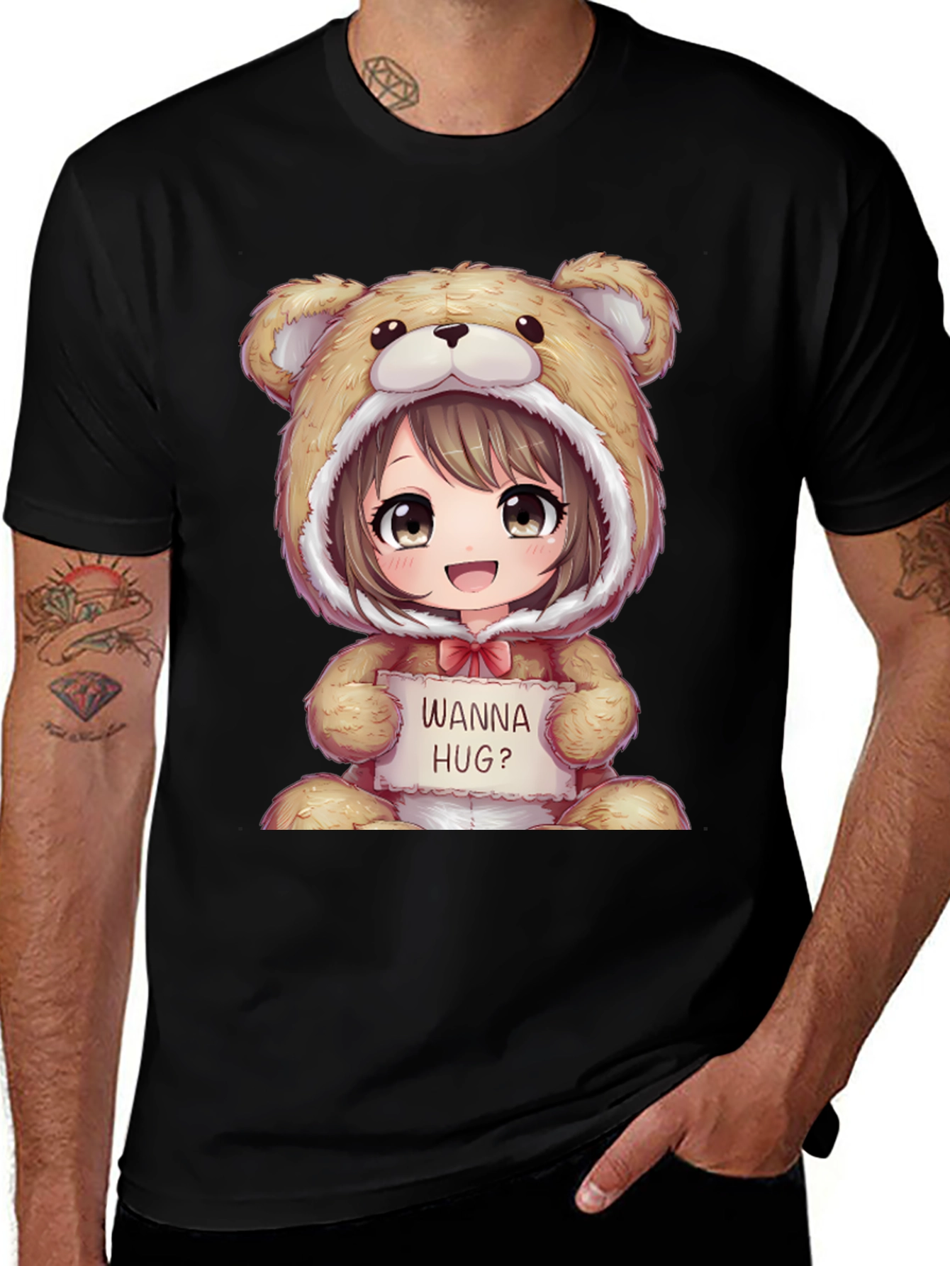 Variant 27 of Anime Bear Hoodie 'Wanna Hug?' Black T-Shirt