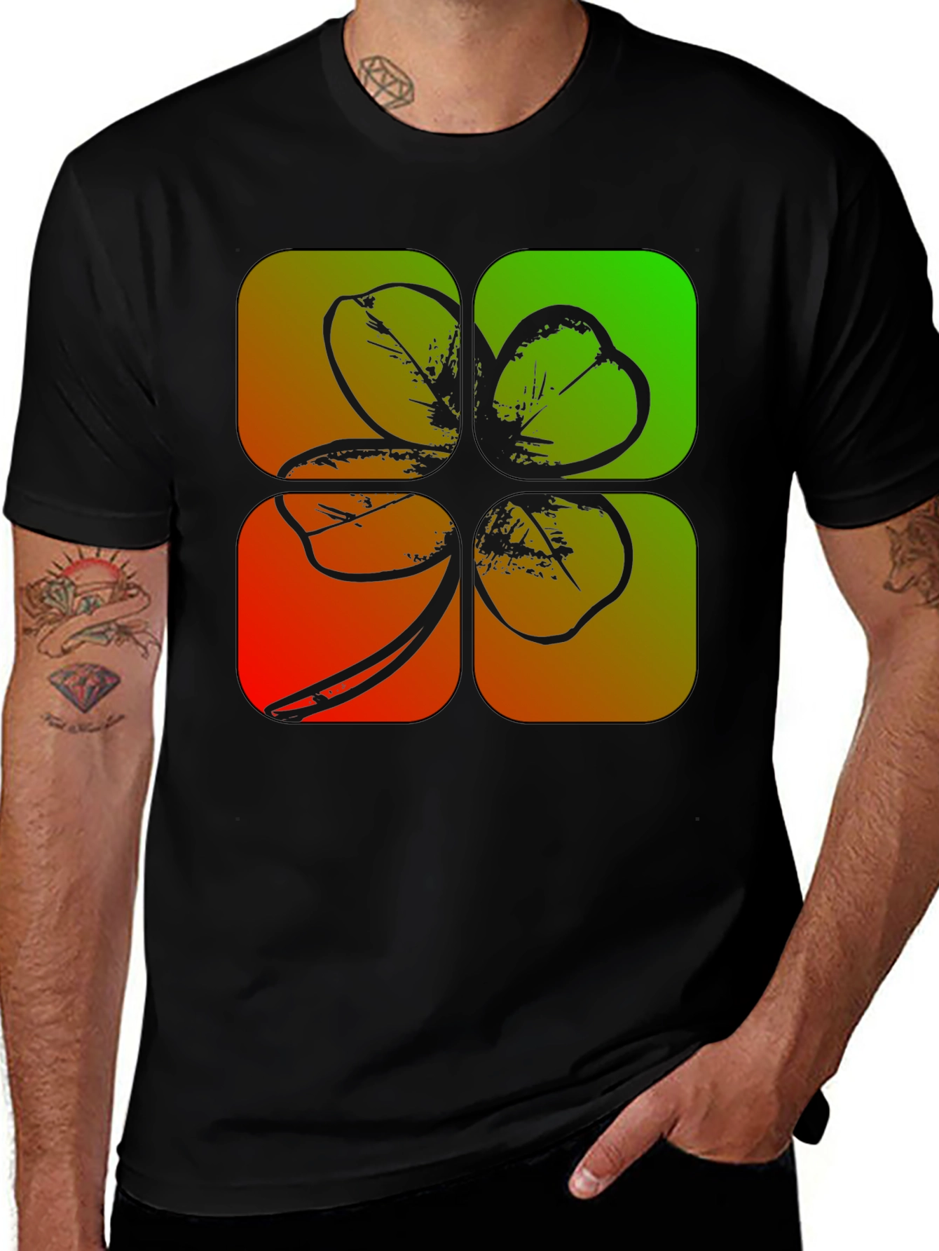 Variant 5 of Lucky Four-Leaf Clover Graphic Black T-Shirt