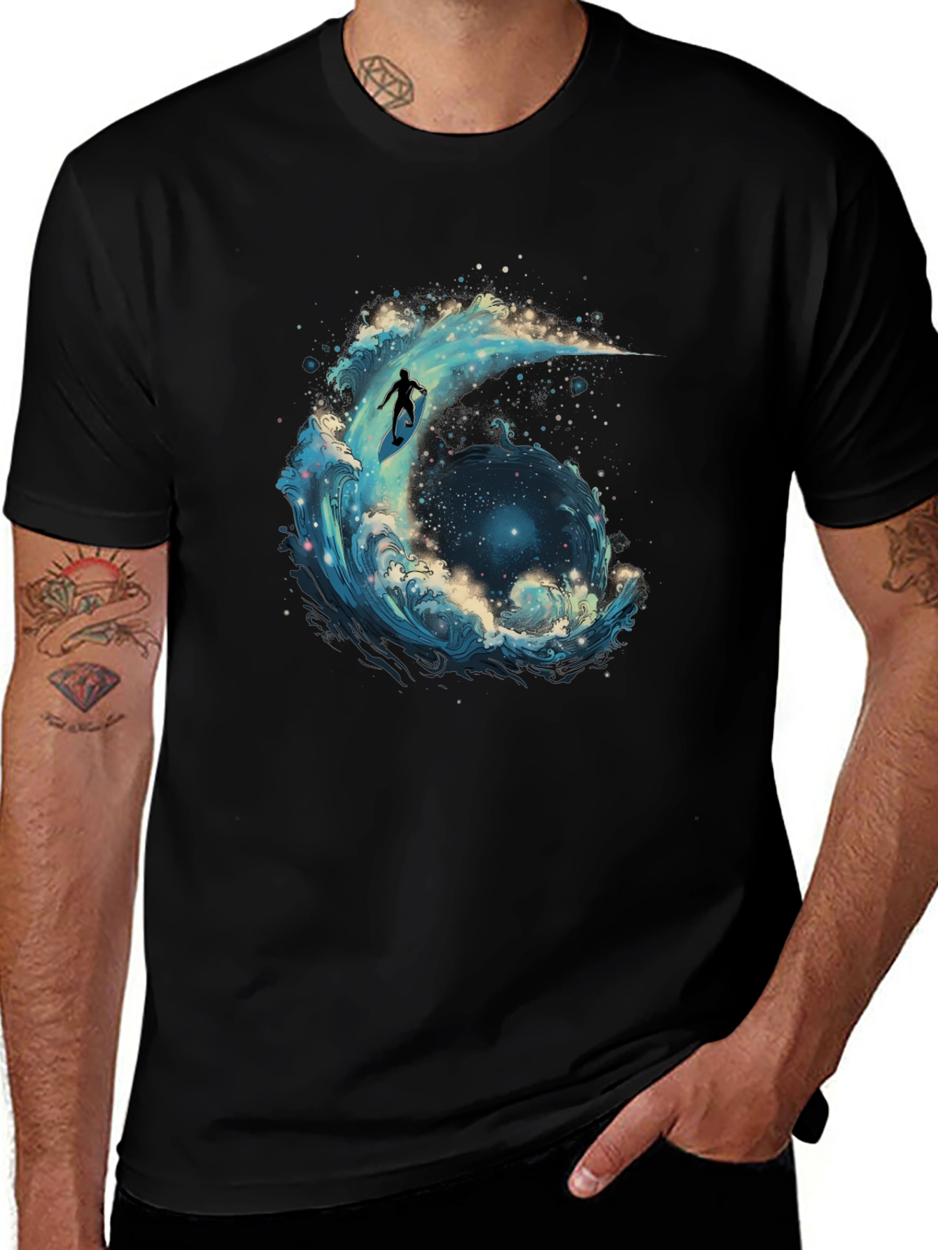 Variant 3 of Surfing the Cosmos Tee - Unique Wave Design