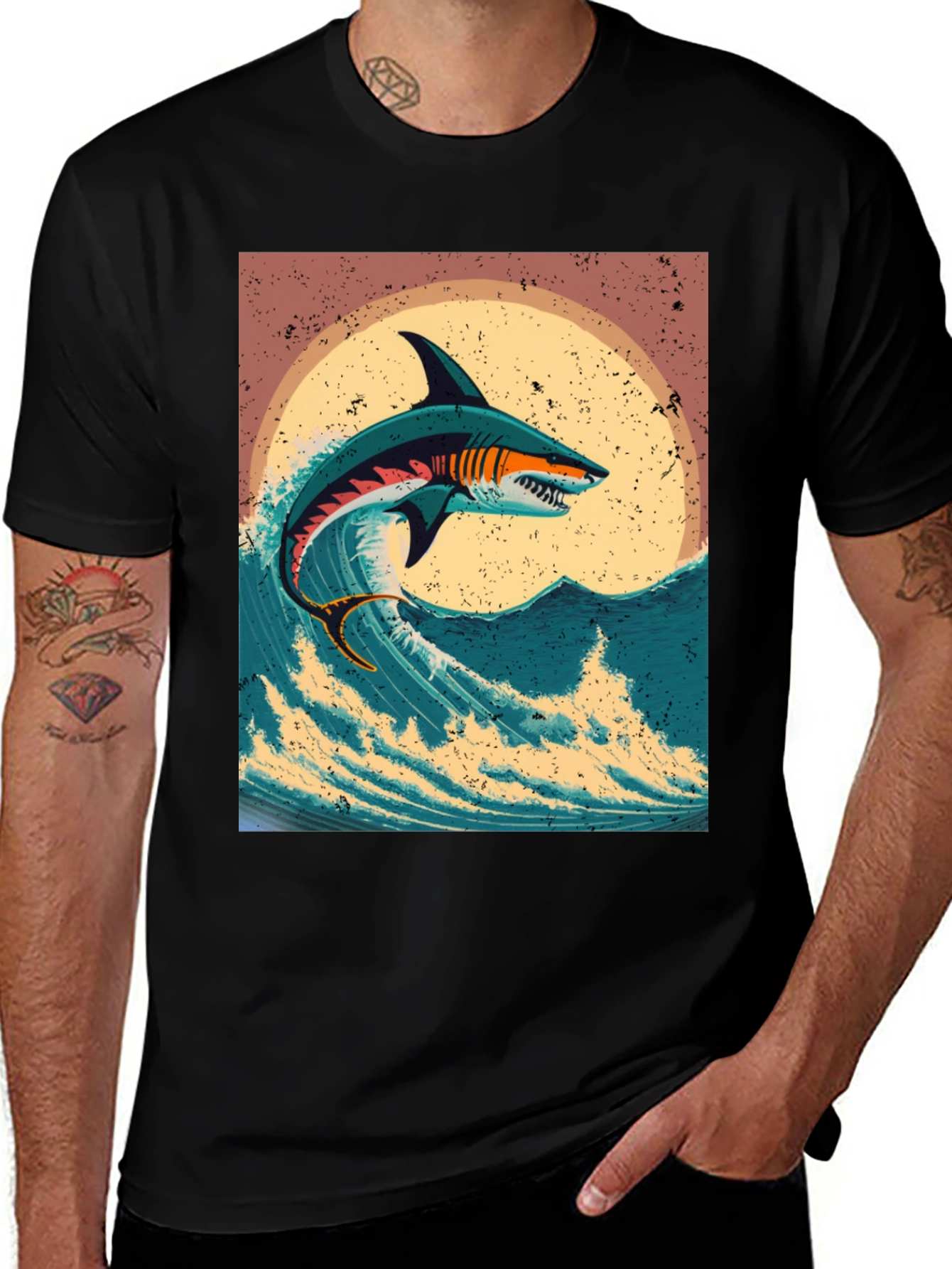 Variant 29 of Shark Wave Graphic Tee - Black Cotton T-Shirt