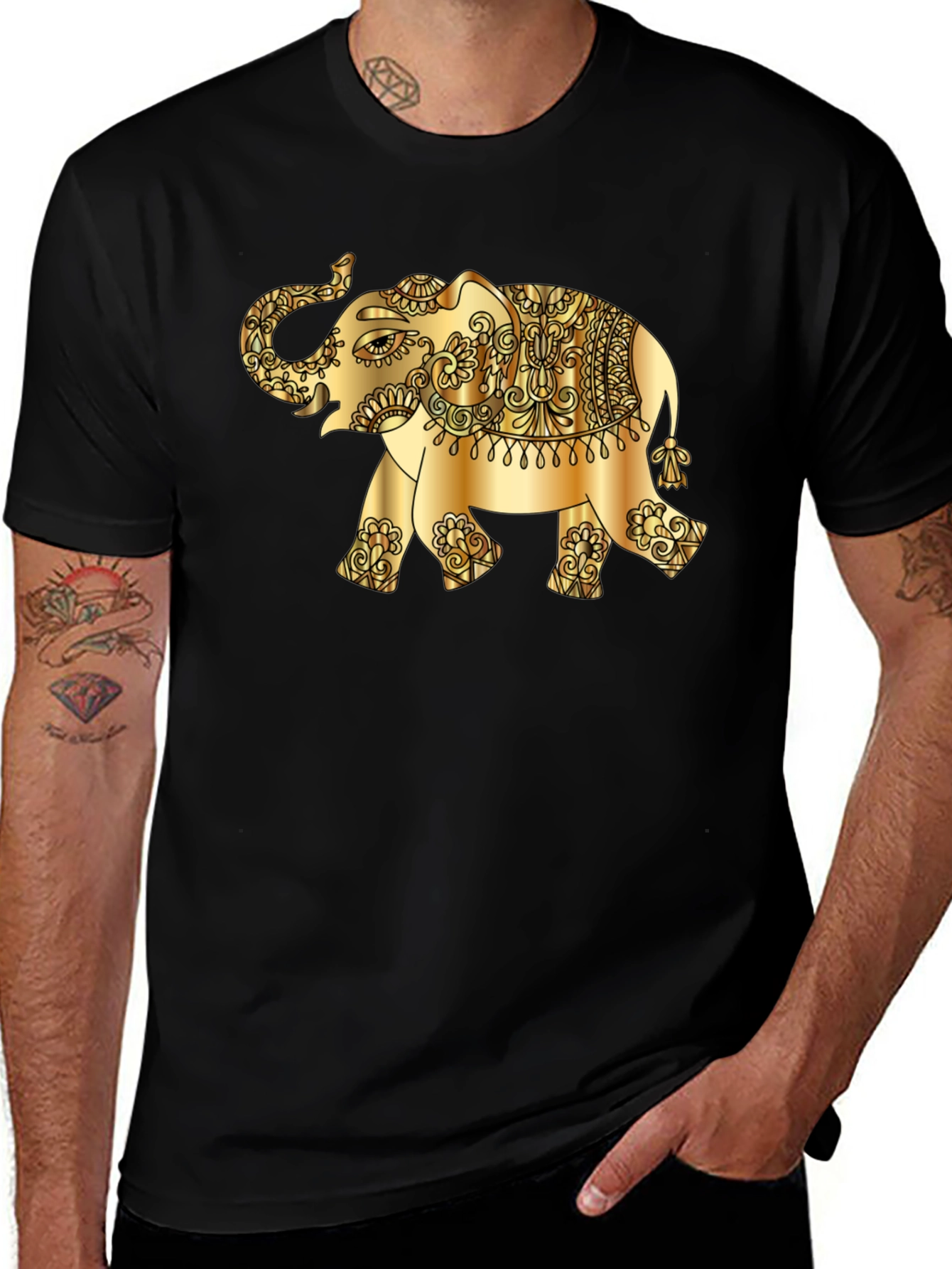 Variant 25 of Golden Elephant Graphic Tee - Stylish Black T-Shirt