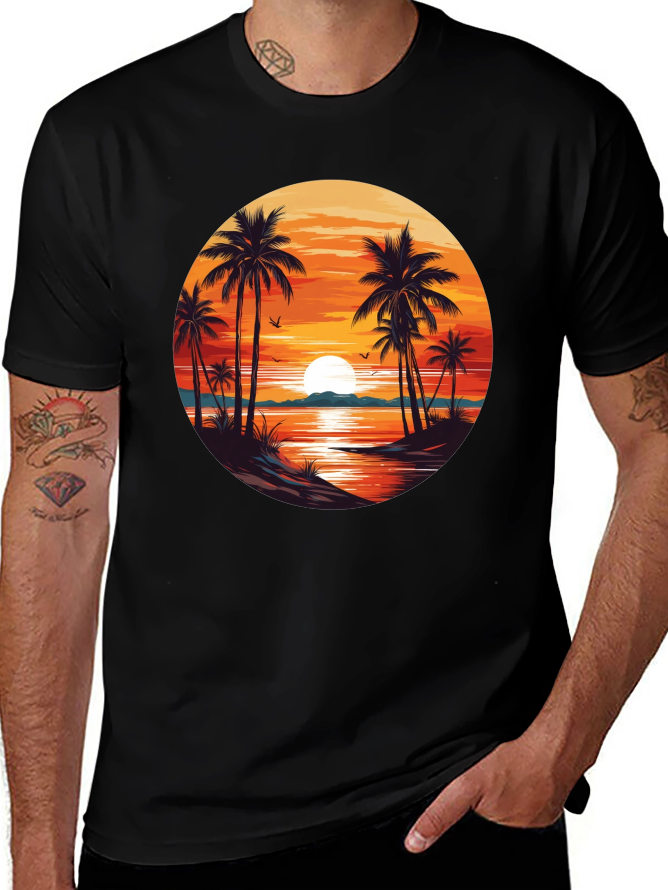 Sunset Beach Palm Tree Graphic T-Shirt