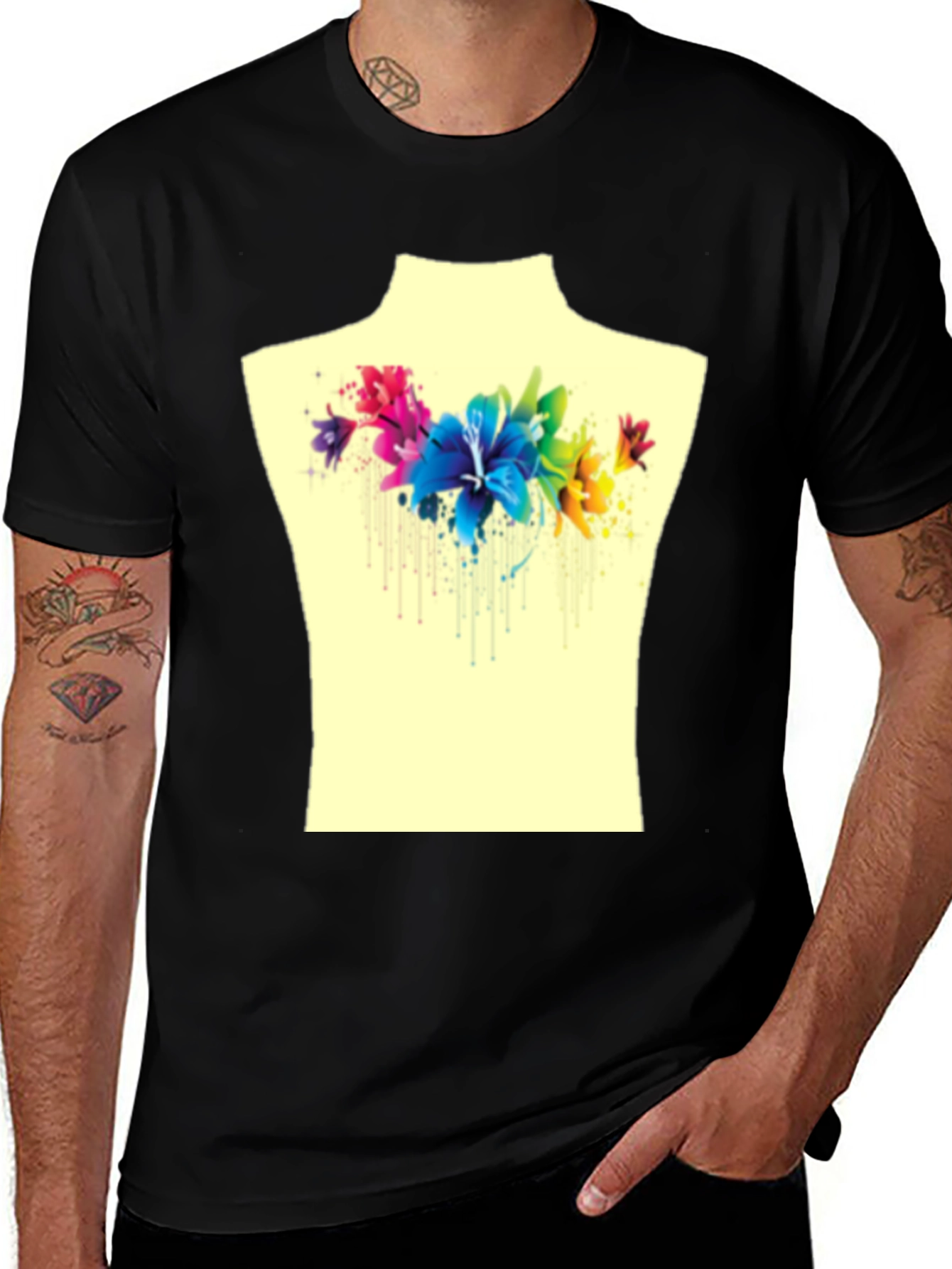 Black Floral Watercolor Graphic Tee - Stylish Men's T-Shirt main image