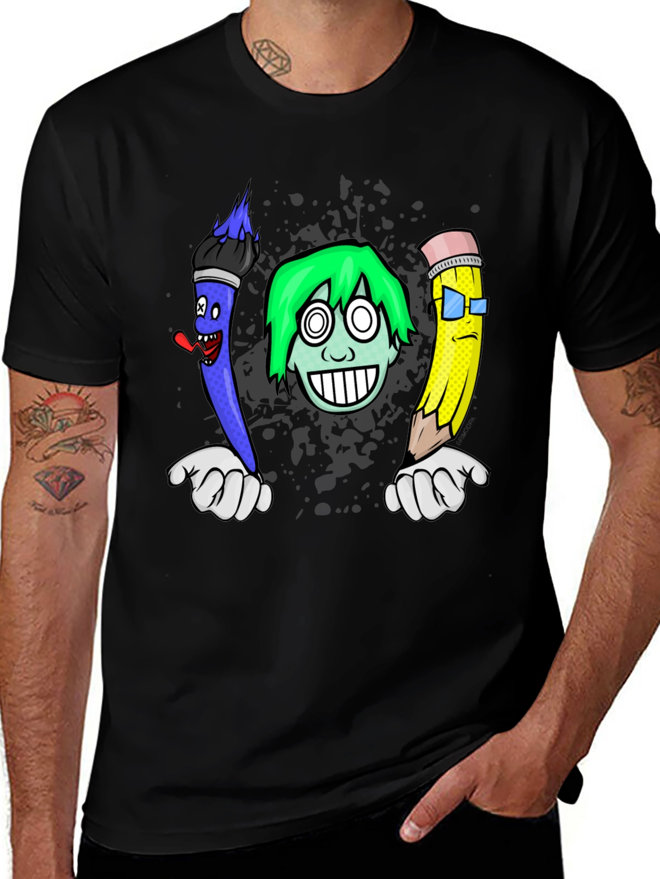 Black Cartoon Art T-Shirt: Brush, Pencil, & Character main image