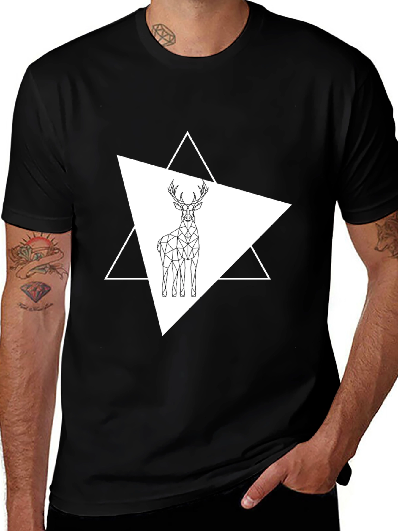 Black Geometric Deer Graphic Tee - Stylish Black T-Shirt main image