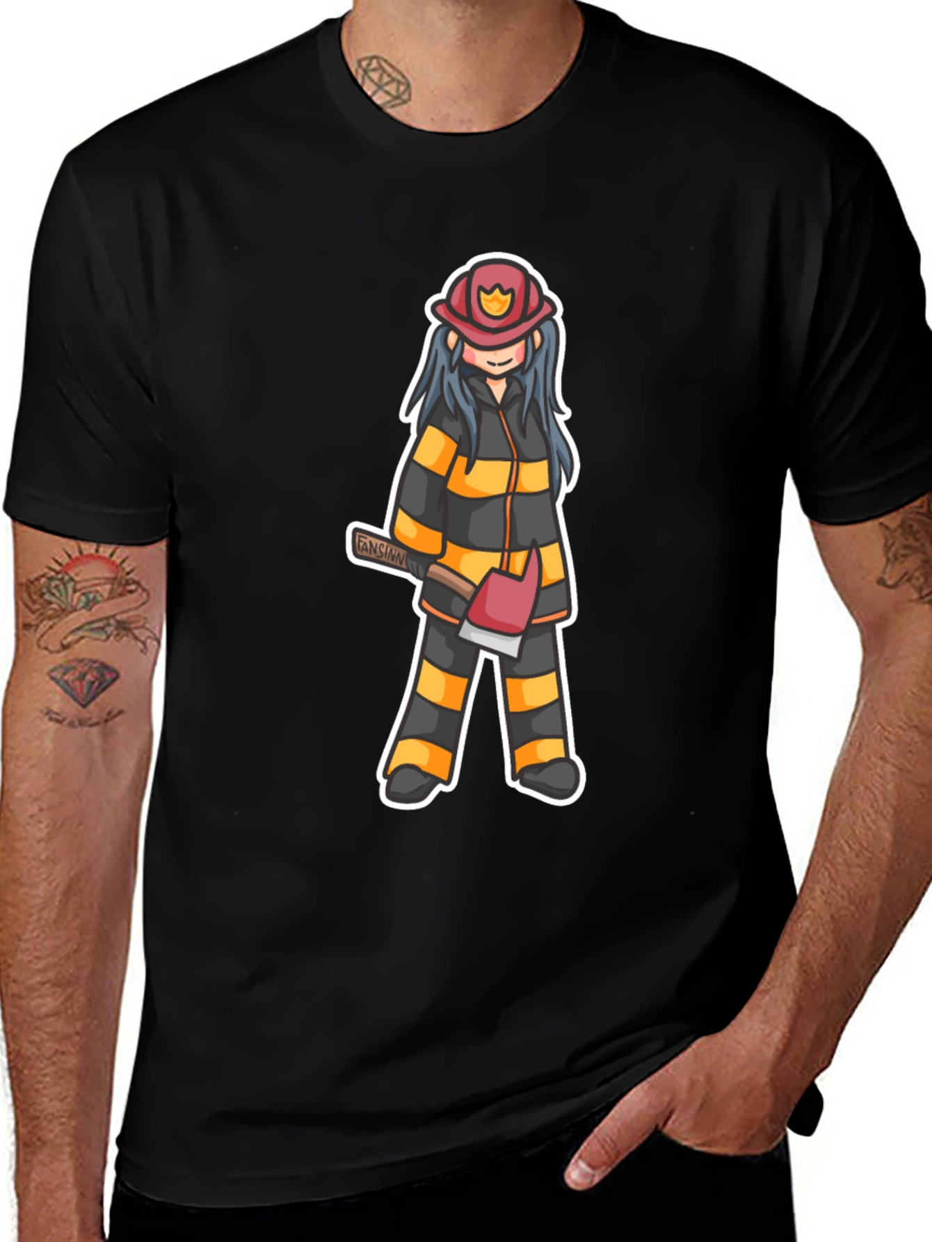 Variant 24 of Cartoon Firefighter Graphic Tee - Black