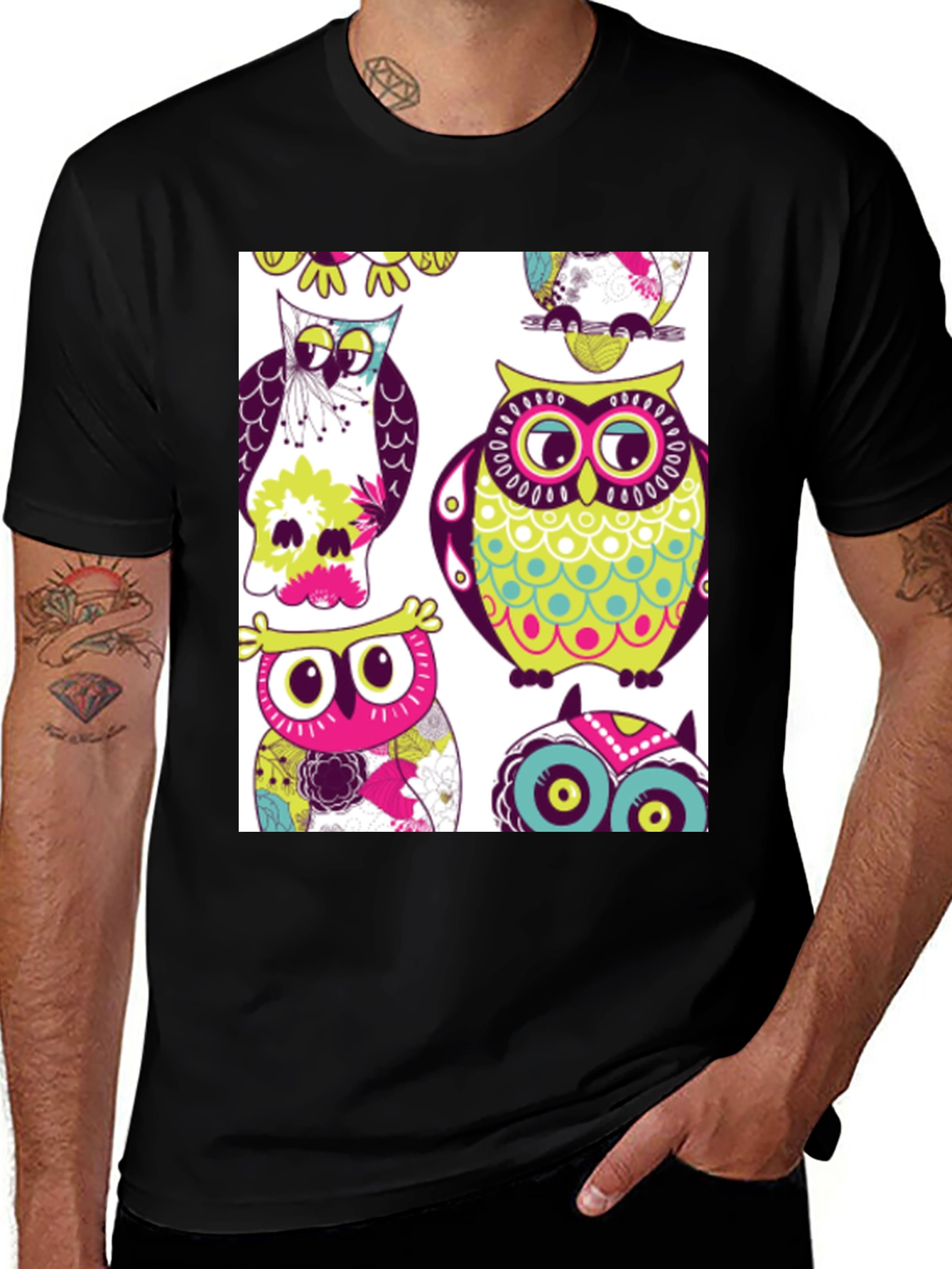 Variant 2 of Owl Pattern Graphic Print Crew Neck Tee
