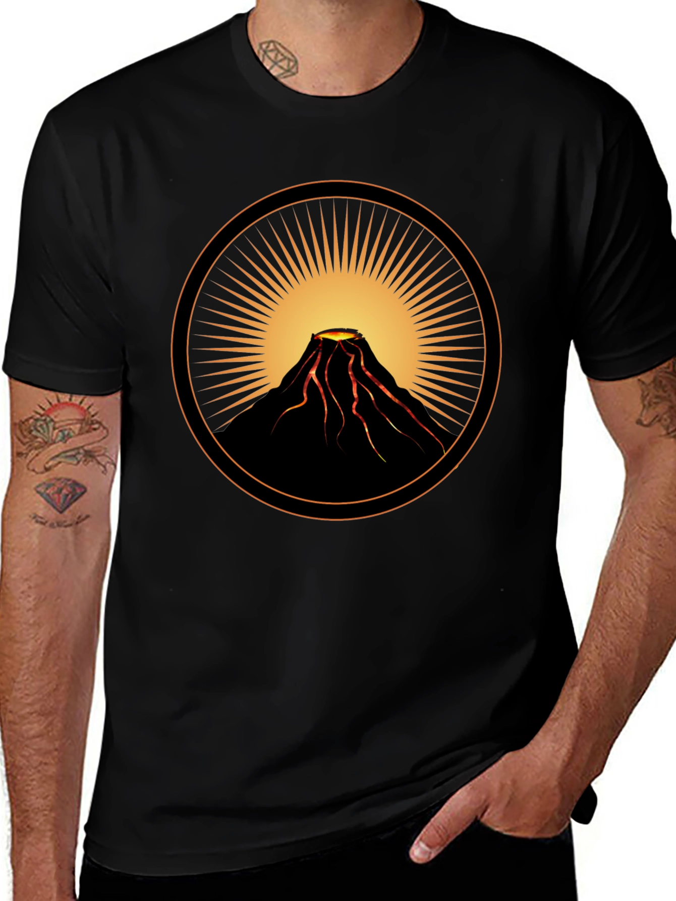 Variant 23 of Volcano Sunburst Graphic Tee - Black Cotton Casual Shirt