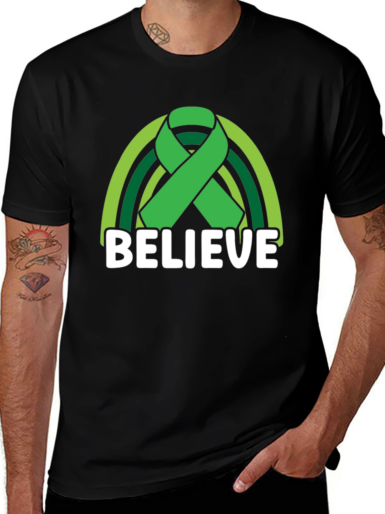 Believe Green Ribbon Rainbow Graphic T-Shirt