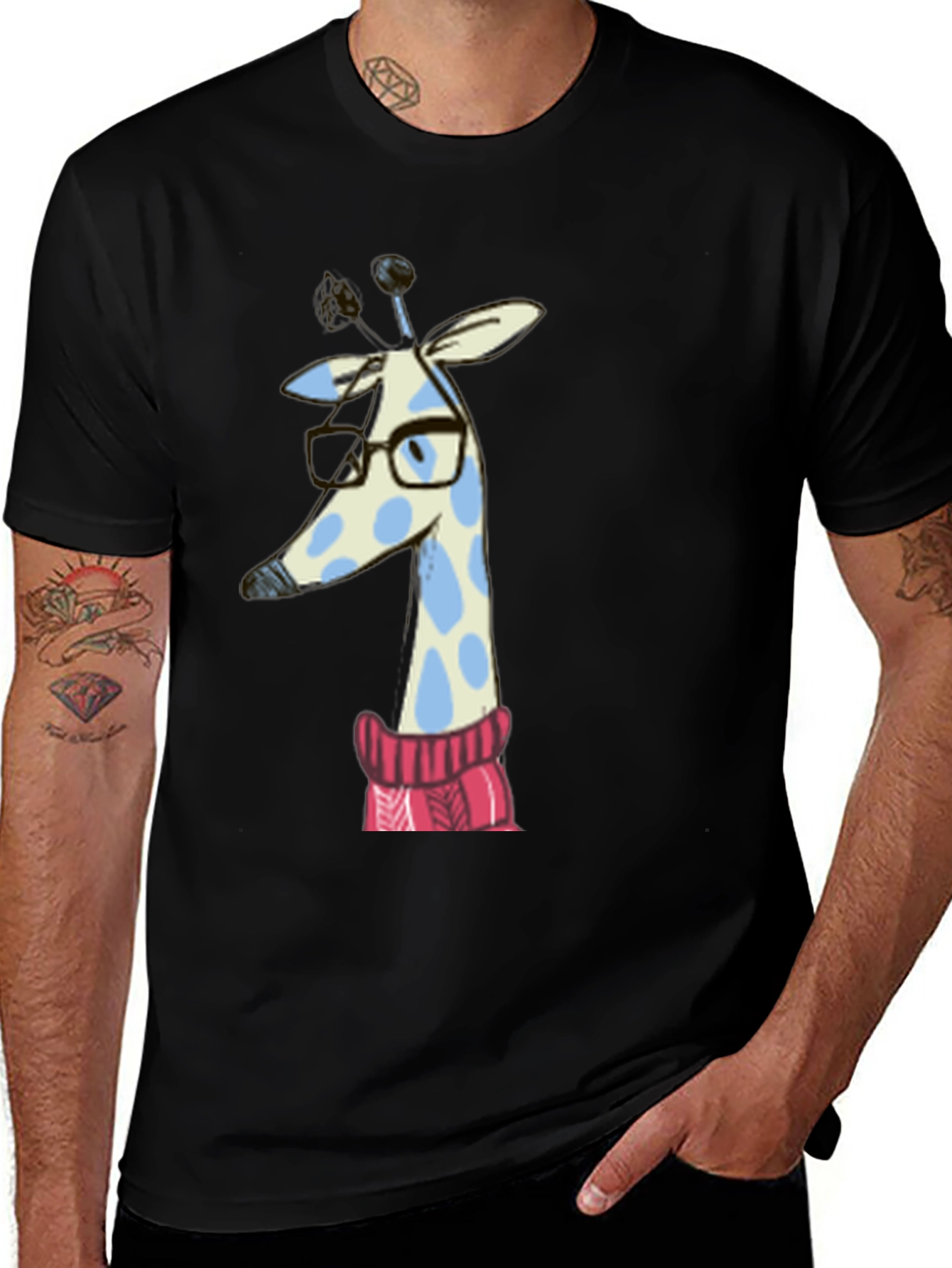 Variant 28 of Giraffe in Sweater Graphic Tee - Unisex Black T-Shirt