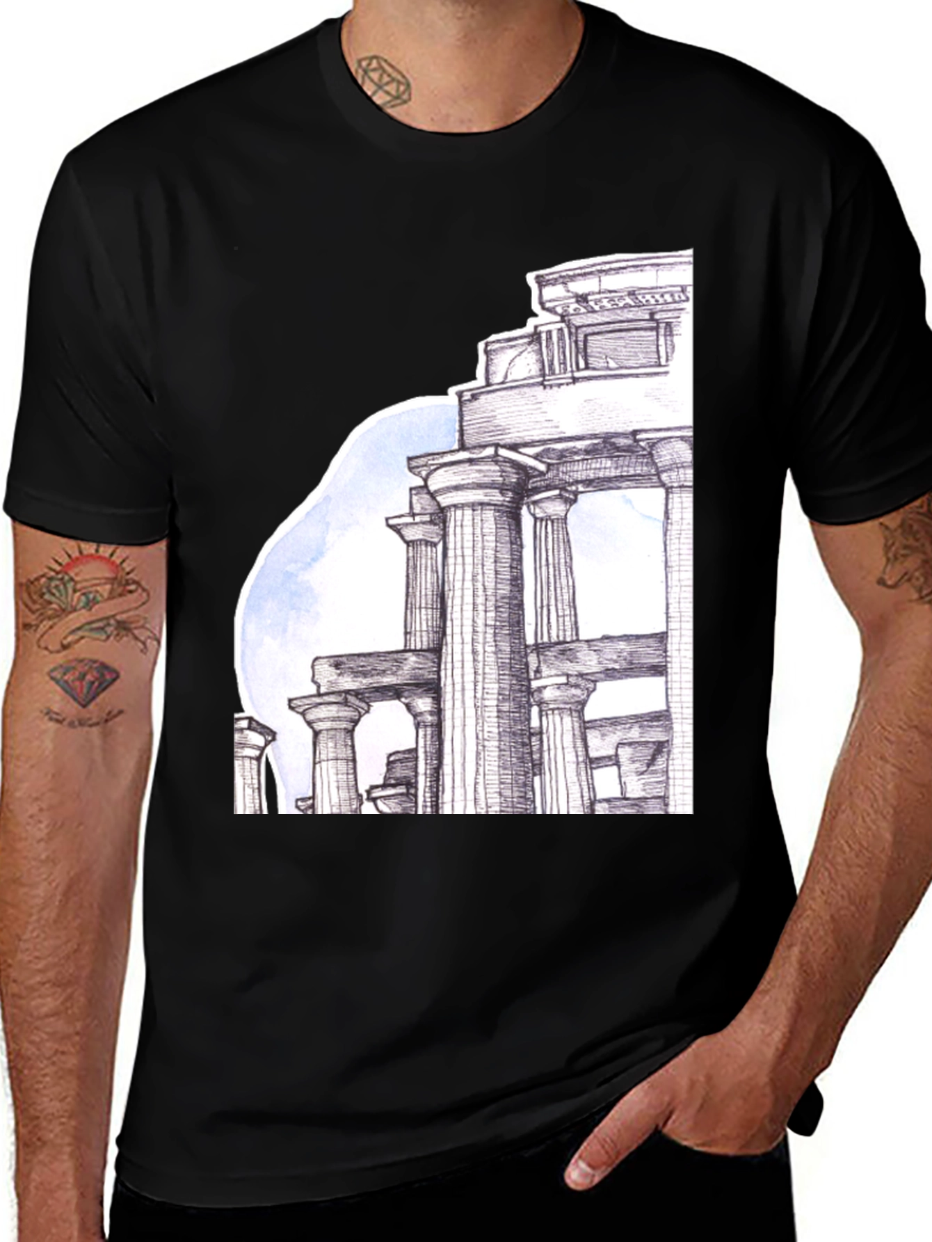 Ancient Ruins Graphic Tee - Black Cotton T-Shirt