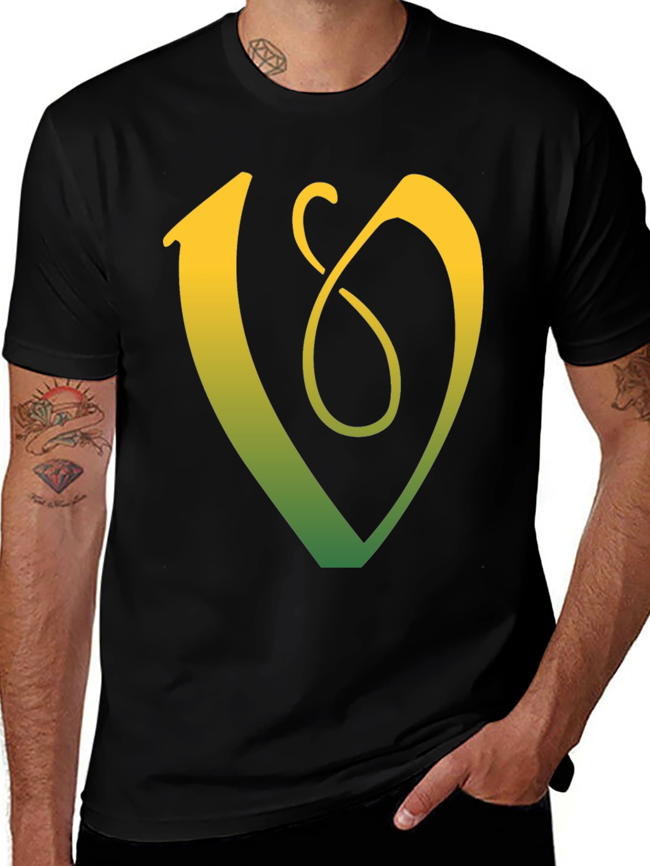 Variant 27 of Stylish Black Tee with Gold and Green Letter V Design