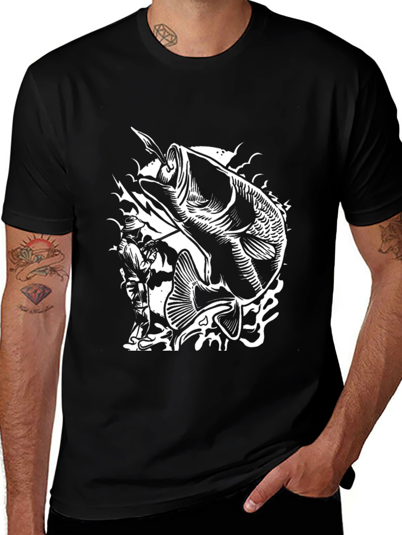 Variant 29 of Bass Fishing Graphic Tee - Black Cotton Comfort