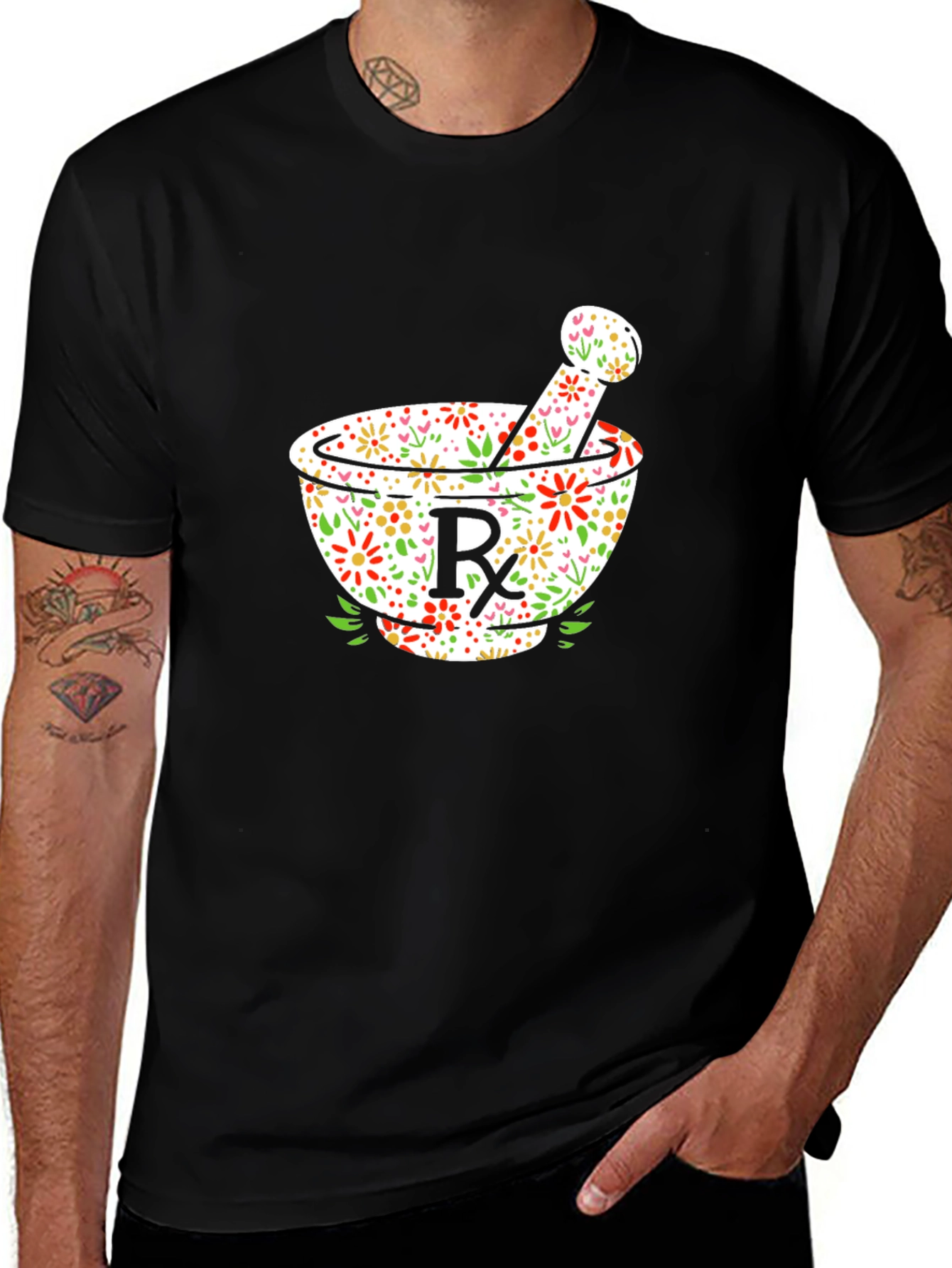 Variant 19 of Floral Rx Mortar & Pestle Black T-Shirt