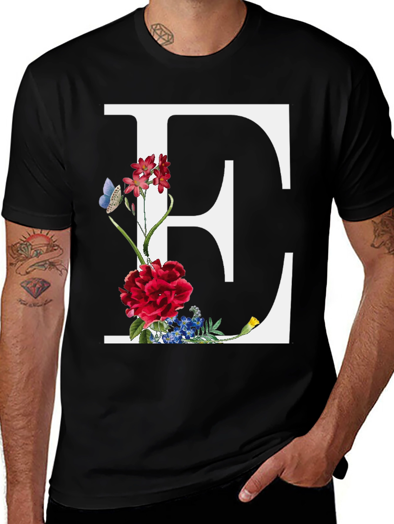 Variant 15 of Floral Letter E Black T-Shirt