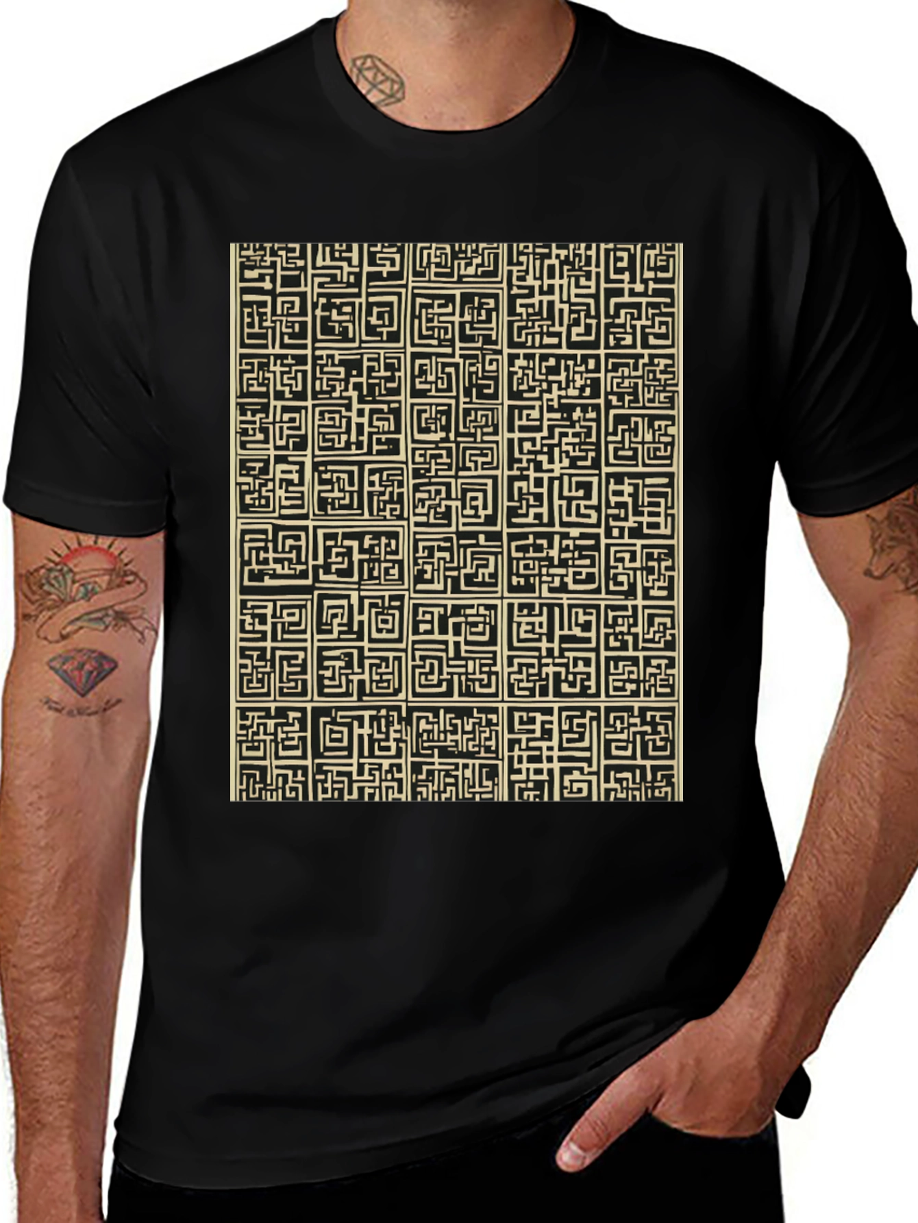 Variant 28 of Abstract Maze Pattern Black T-Shirt