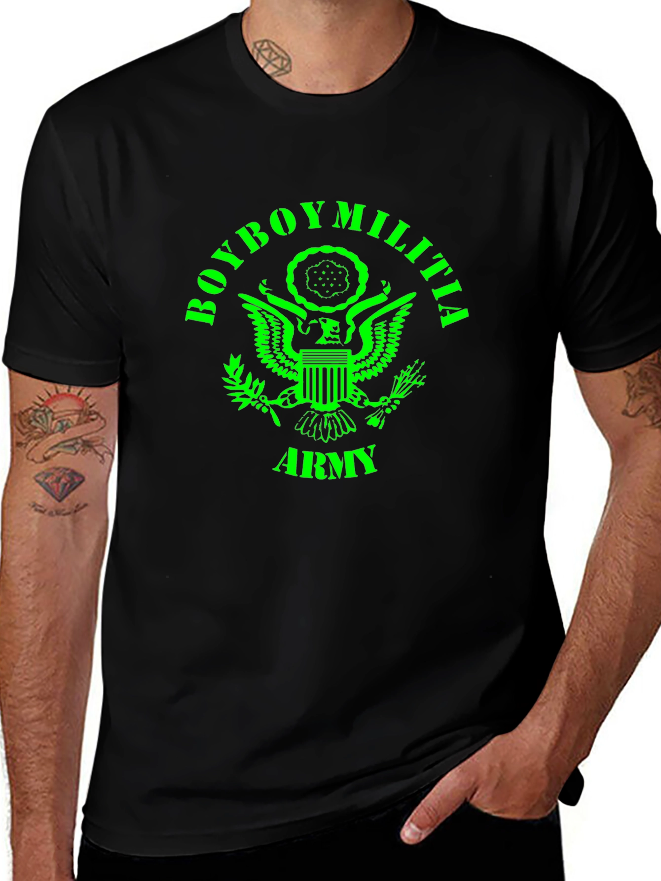 Variant 10 of Boyboy Militia Army T-Shirt - Green Print on Black