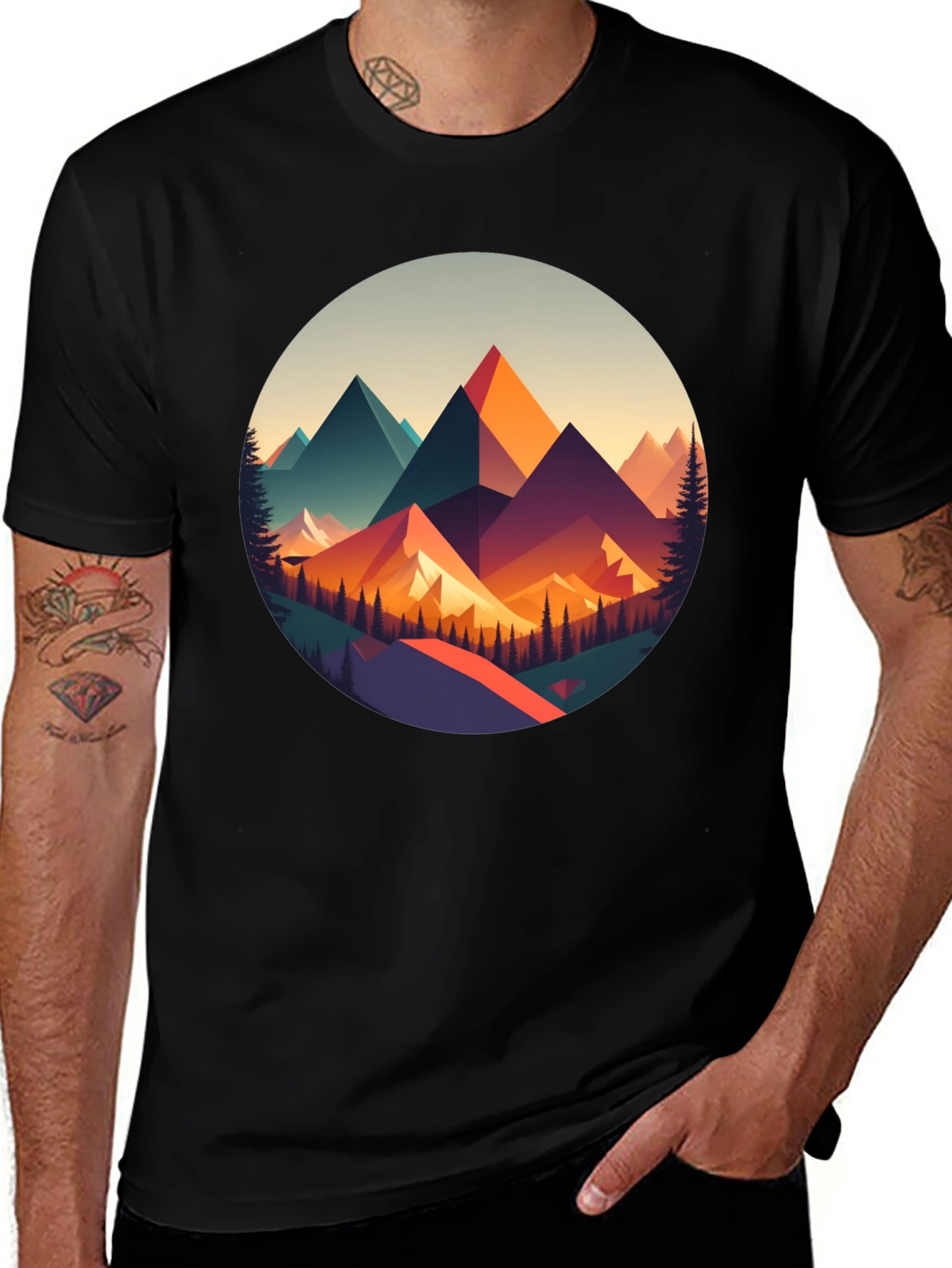 Variant 23 of Geometric Mountain Print Black T-Shirt