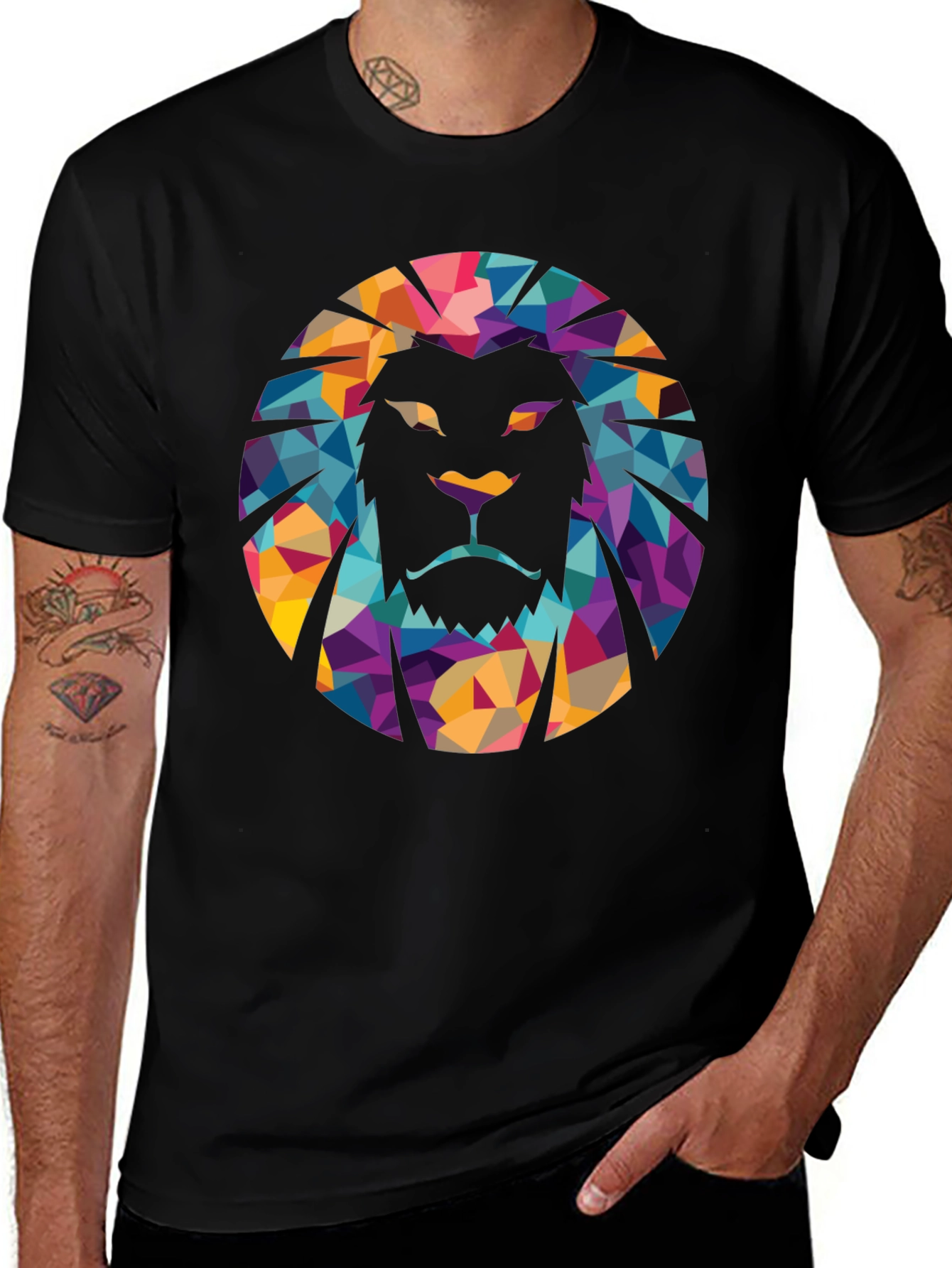 Variant 9 of Geometric Lion Graphic Black T-Shirt