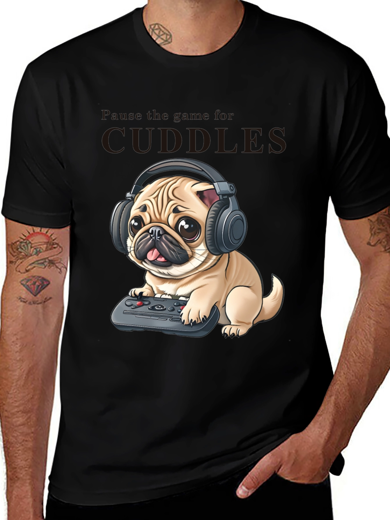 Variant 5 of Gamer Pug T-Shirt - Cuddles & Games!