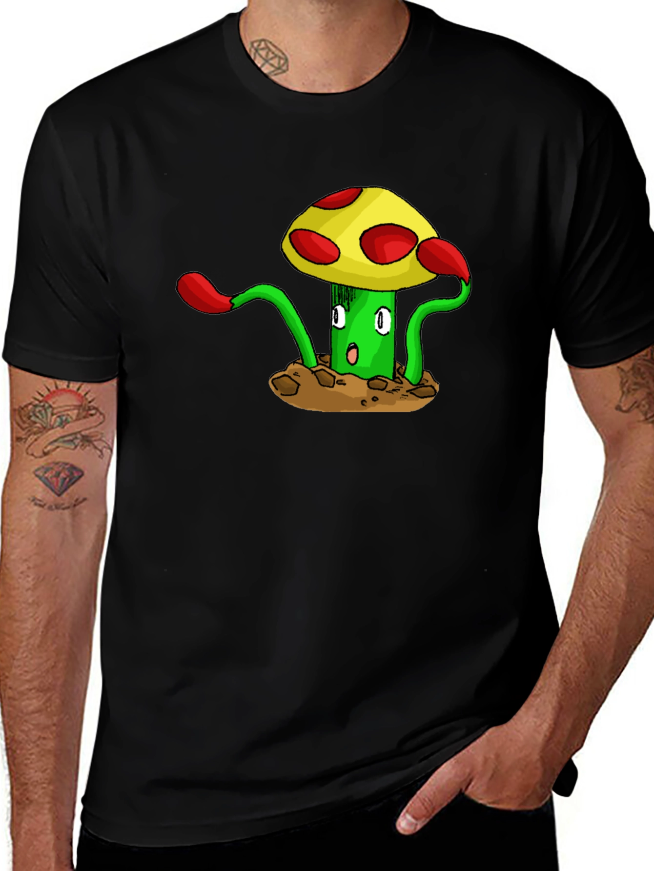 Variant 5 of Funky Mushroom Graphic Tee - Black Cotton T-Shirt