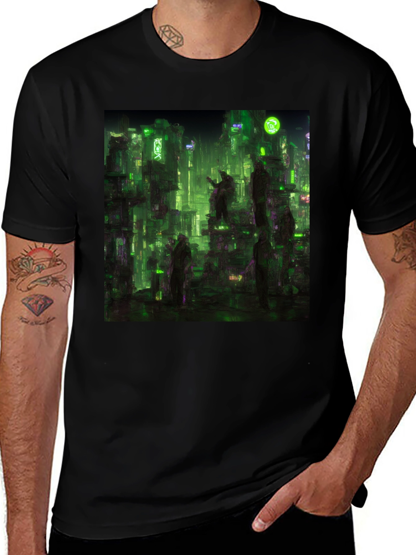 Variant 20 of Cyberpunk City T-Shirt - Green Neon Dystopia