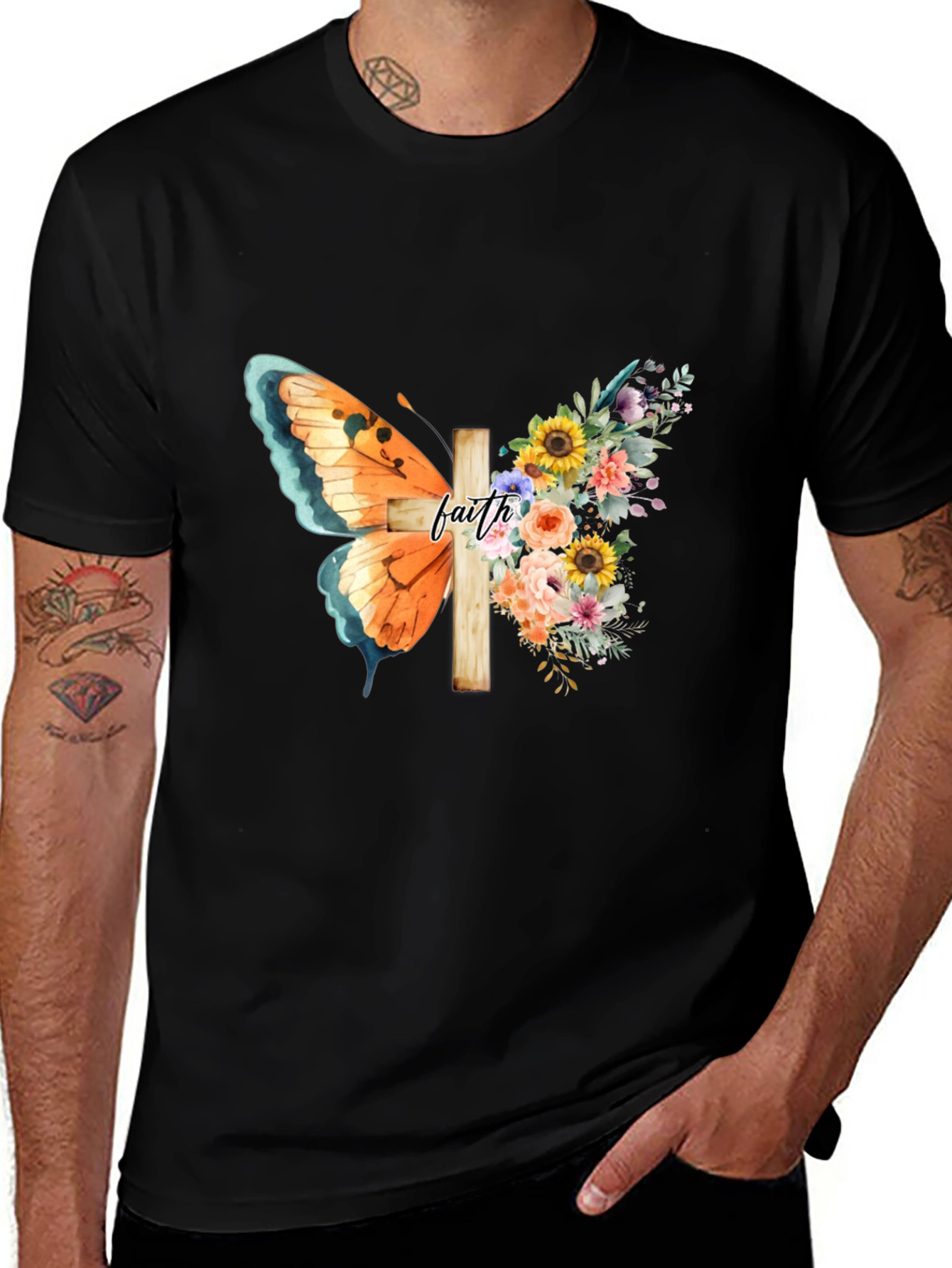 Black Faith Butterfly Floral Cross Graphic Tee main image