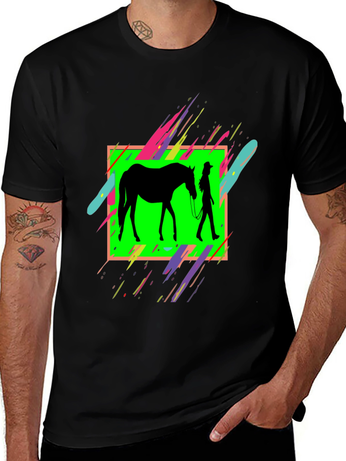 Black Horse & Rider Graphic Tee - Neon Silhouette Design main image
