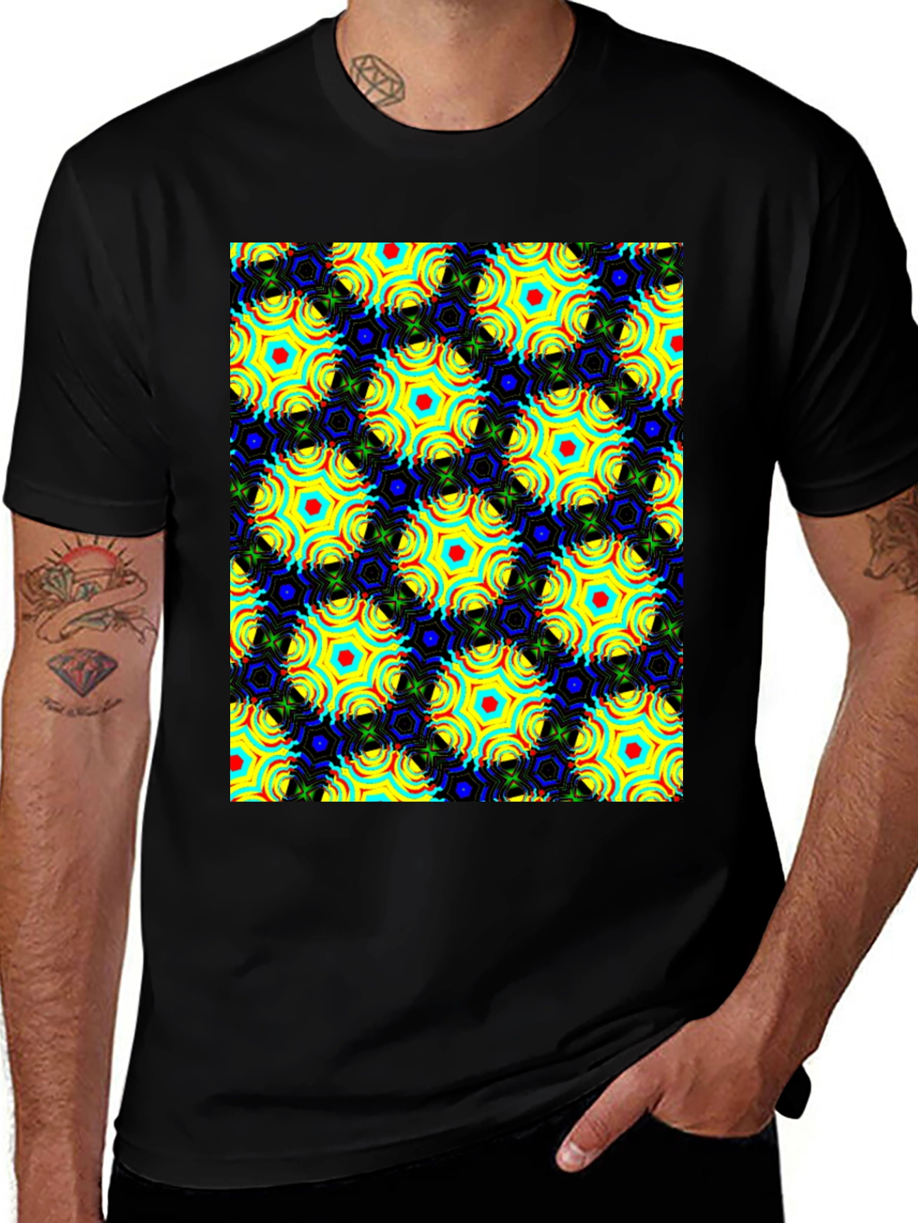 Geometric Hexagon Pattern Black T-Shirt