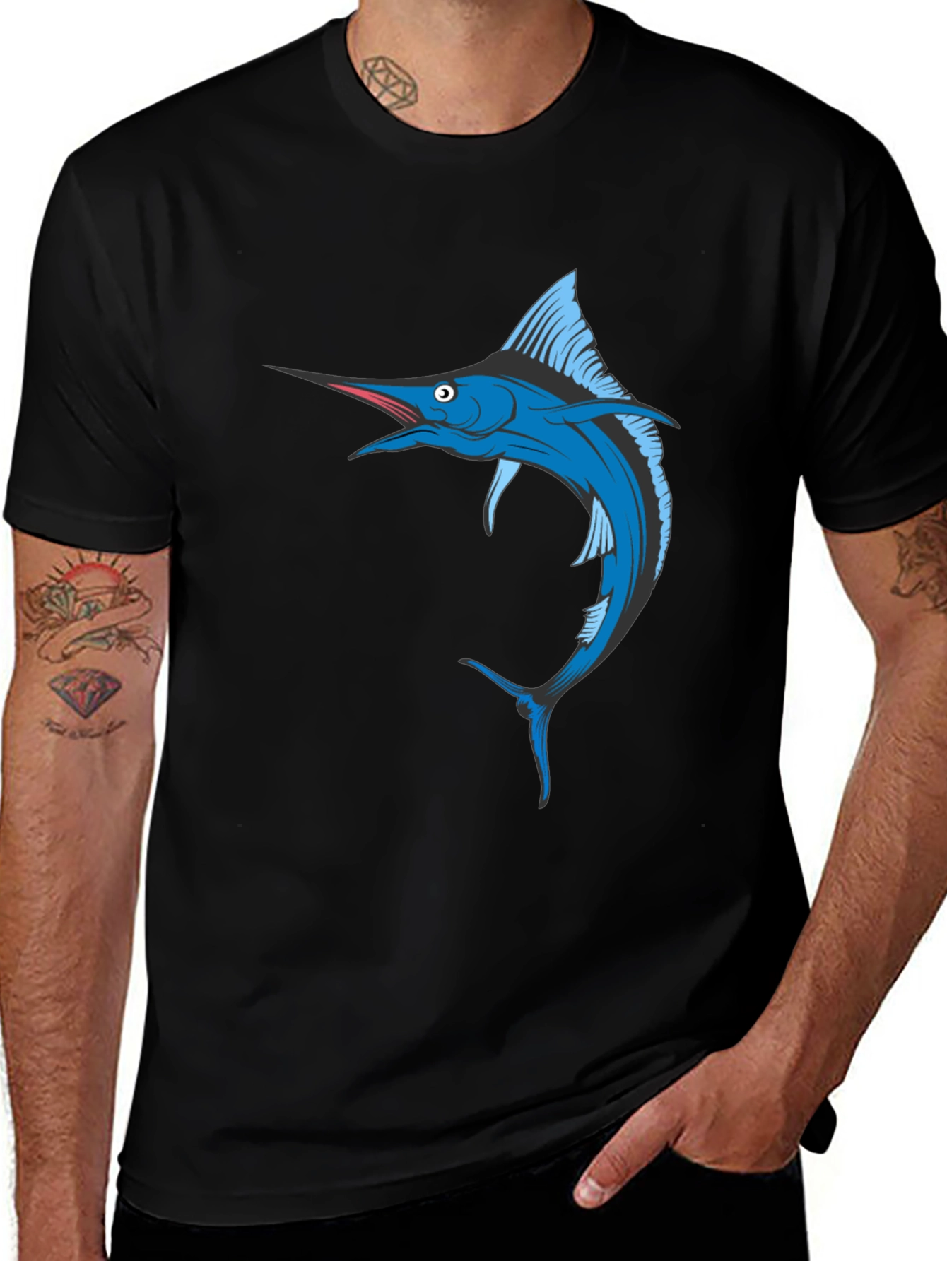 Variant 30 of Blue Marlin Fish Graphic T-Shirt - Black Cotton Tee