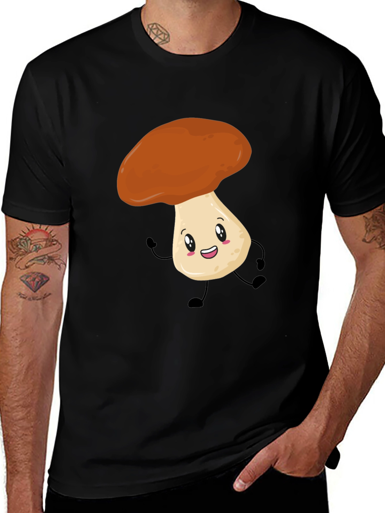 Variant 9 of Mushroom Cartoon Graphic Tee - Black Cotton Blend