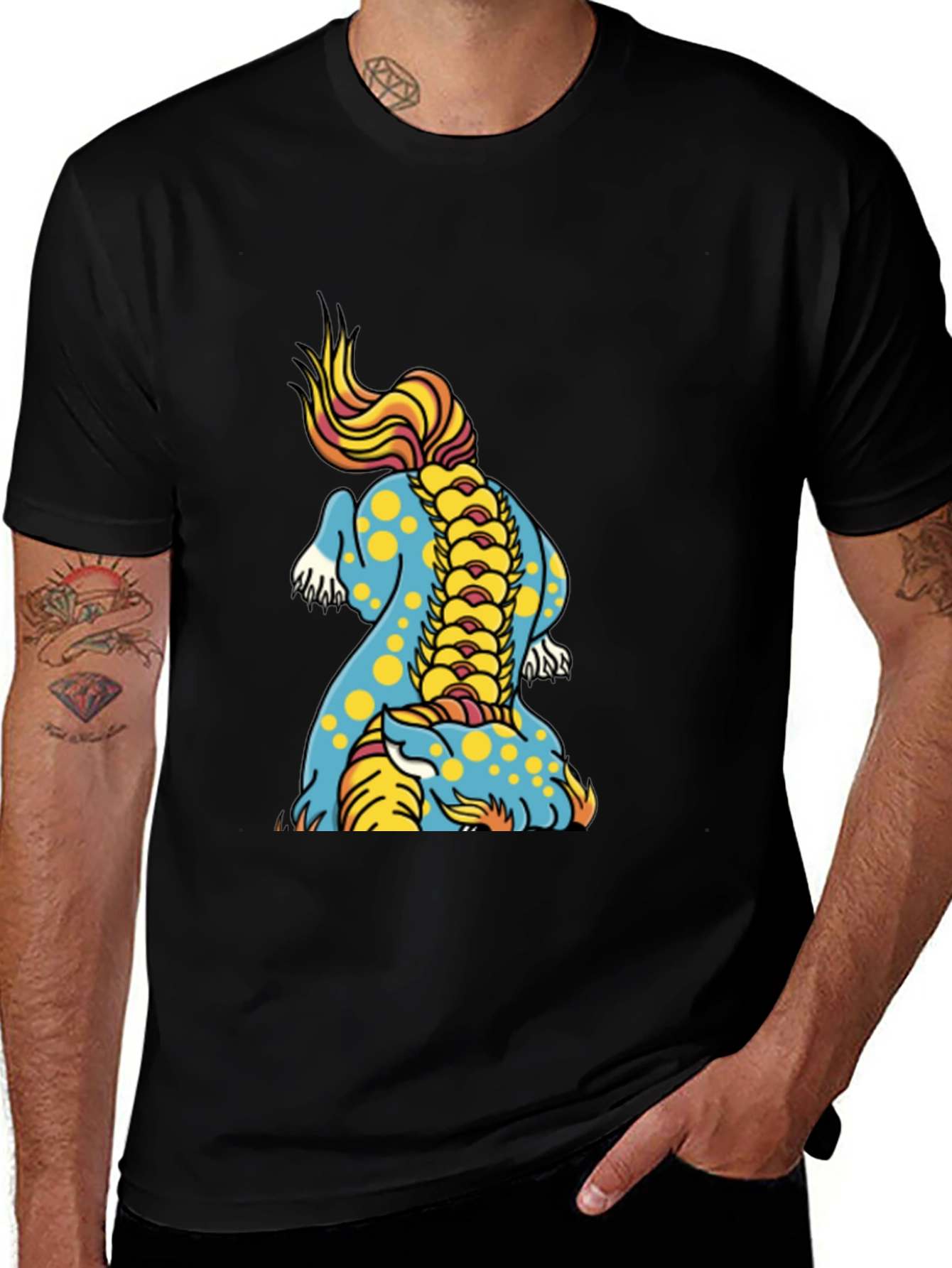Black Men's Black T-Shirt with Colorful Dragon Design main image