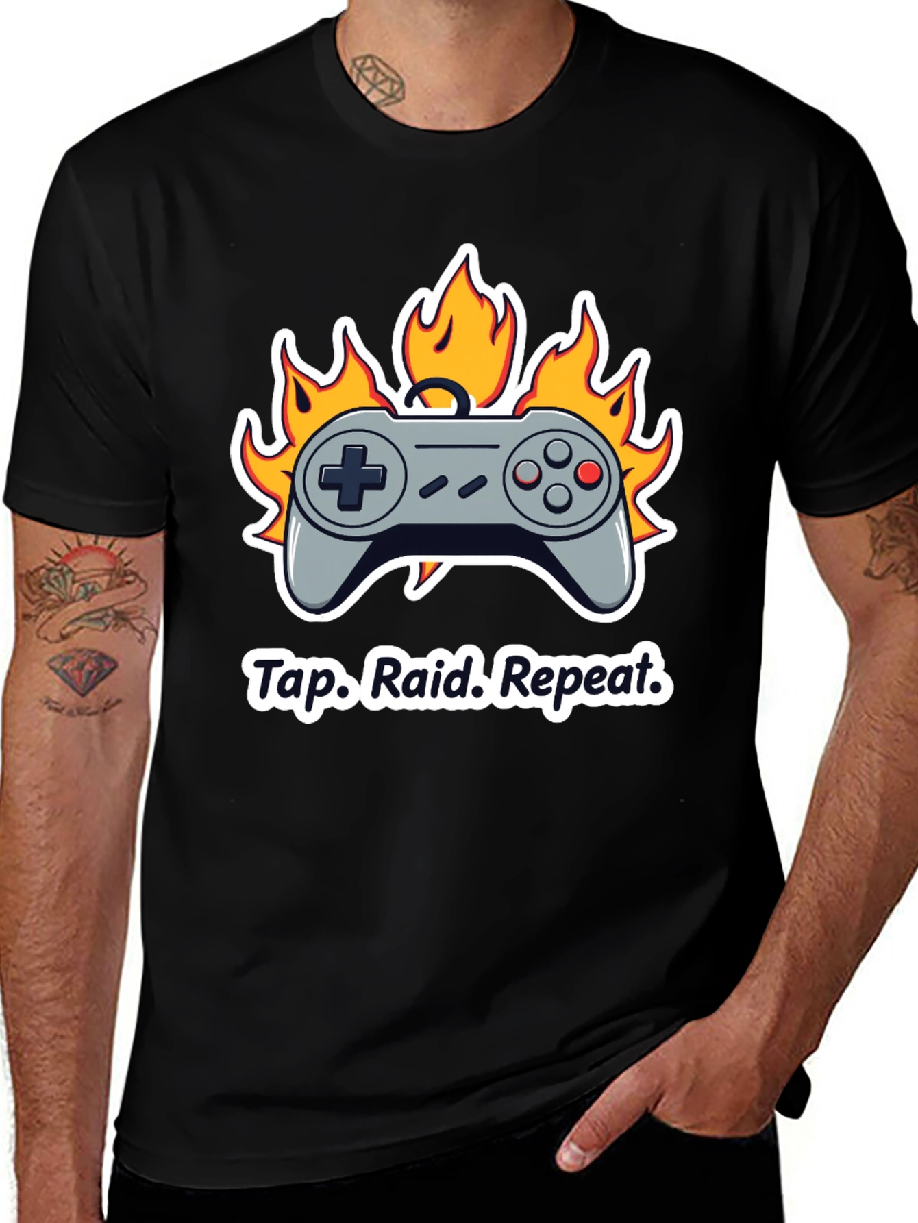 Black Gamer T-Shirt: Tap Raid Repeat - Controller in Flames main image