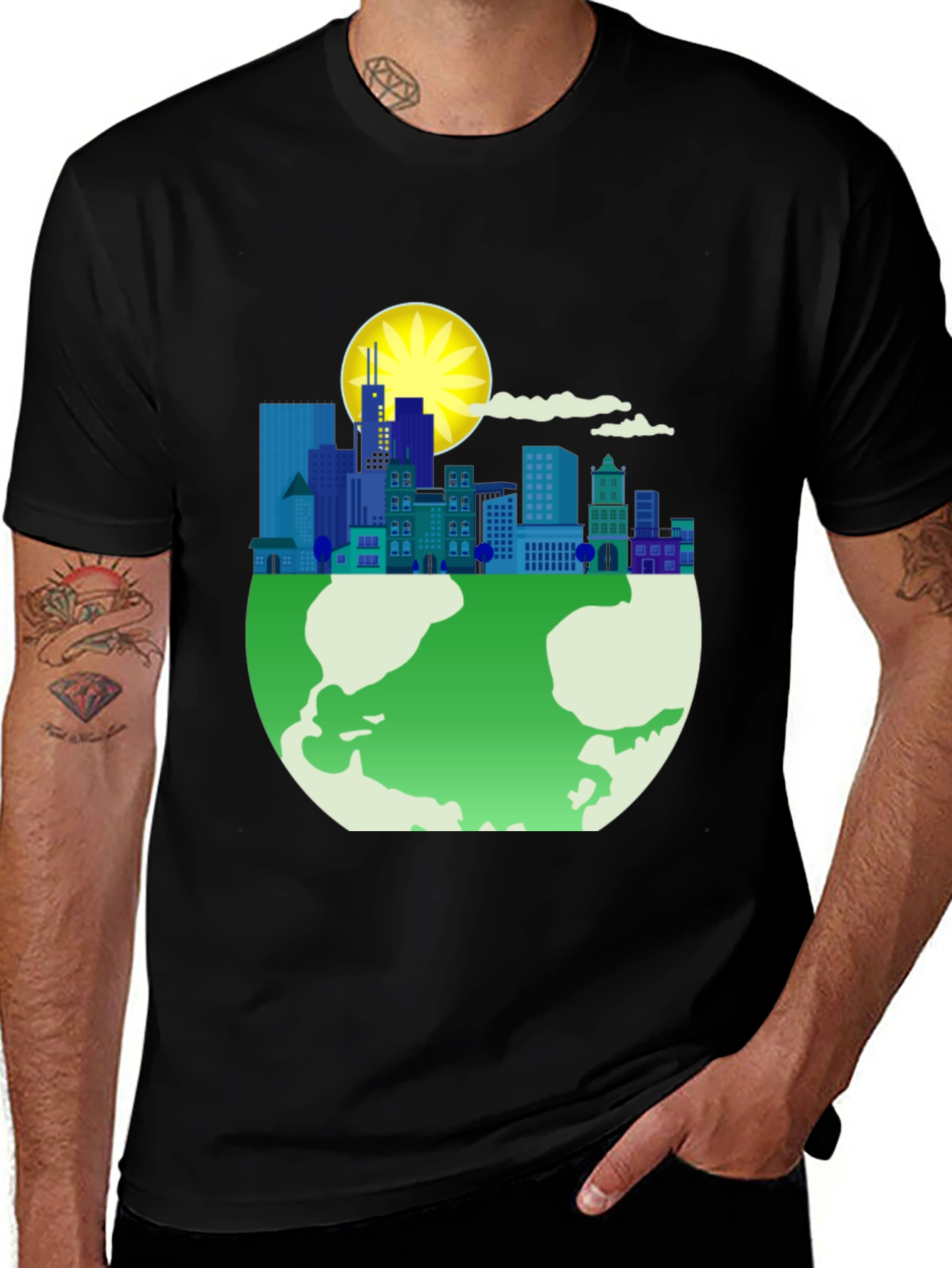 Eco-Friendly Cityscape Earth Graphic Tee - Black
