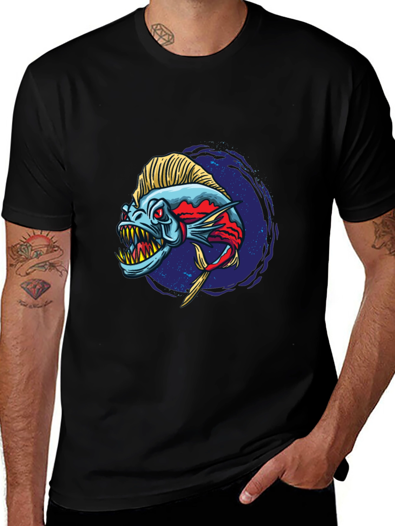 Variant 10 of Piranha Graphic Black Tee - Edgy Fish Design