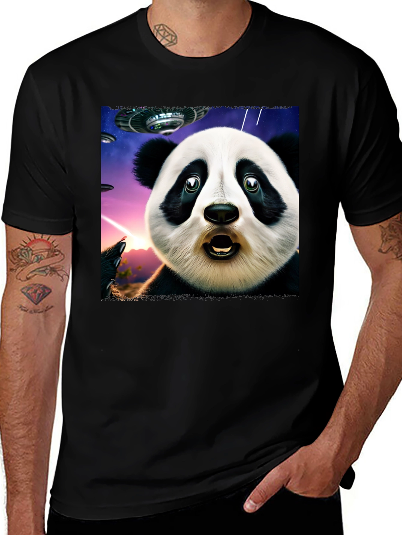 Variant 29 of Surprised Panda UFO Black T-Shirt