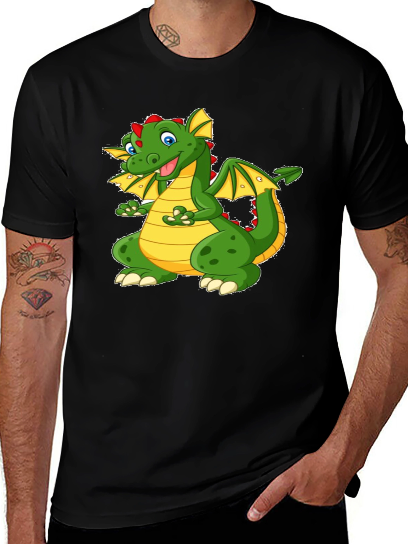 Variant 24 of Cartoon Dragon Graphic Tee - Black Cotton T-Shirt