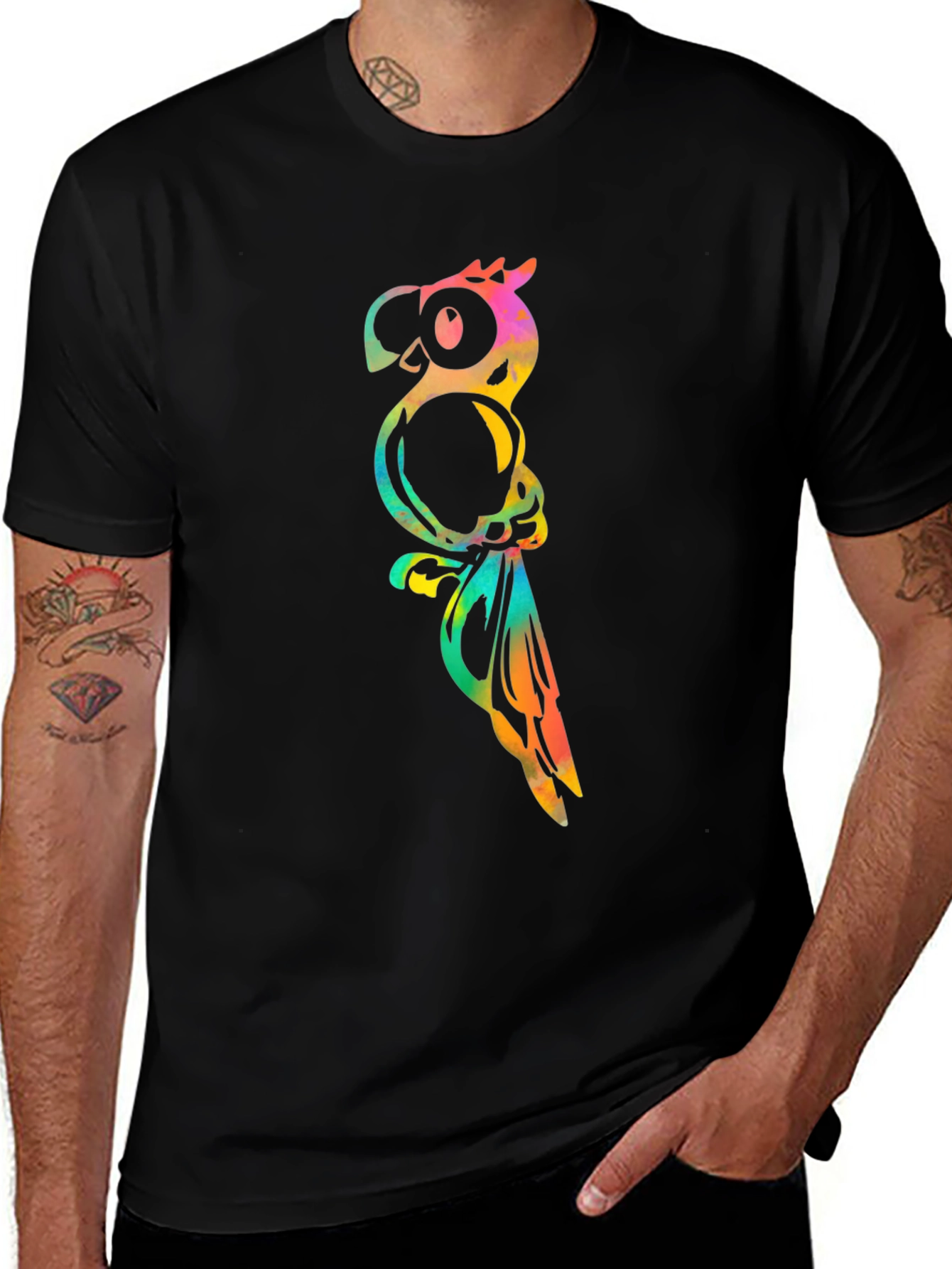 Variant 27 of Men's Black T-Shirt with Colorful Parrot Design