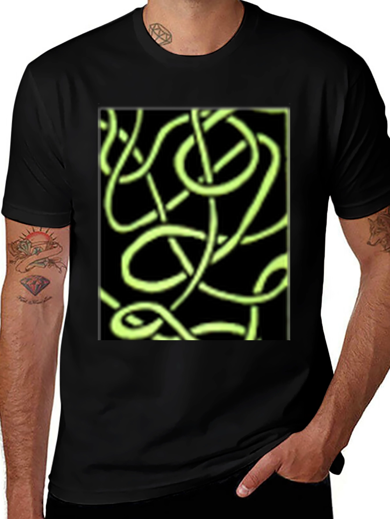 Variant 24 of Abstract Neon Green Lines Graphic Black T-Shirt