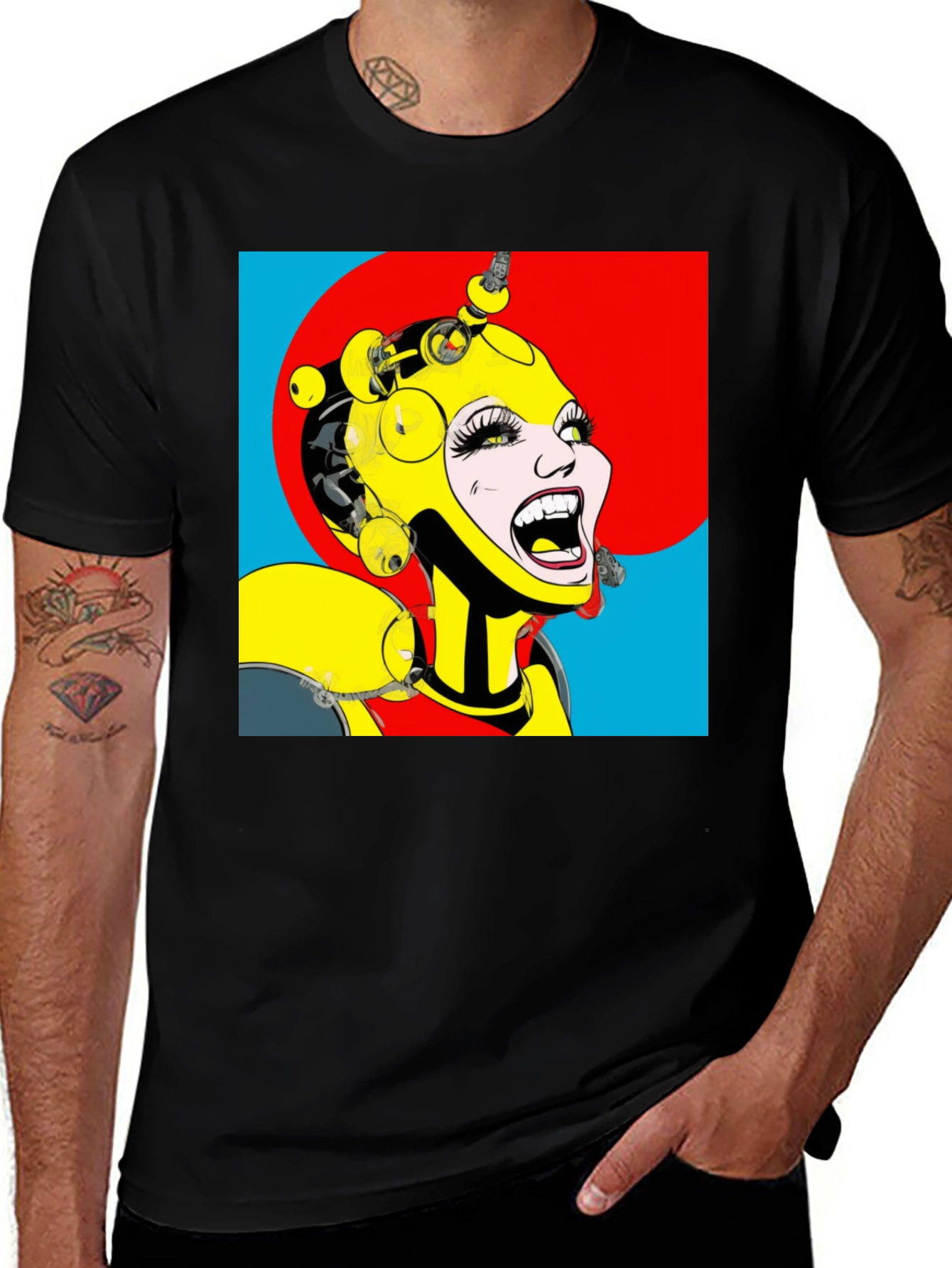 Black Pop Art Robot Woman Graphic T-Shirt main image
