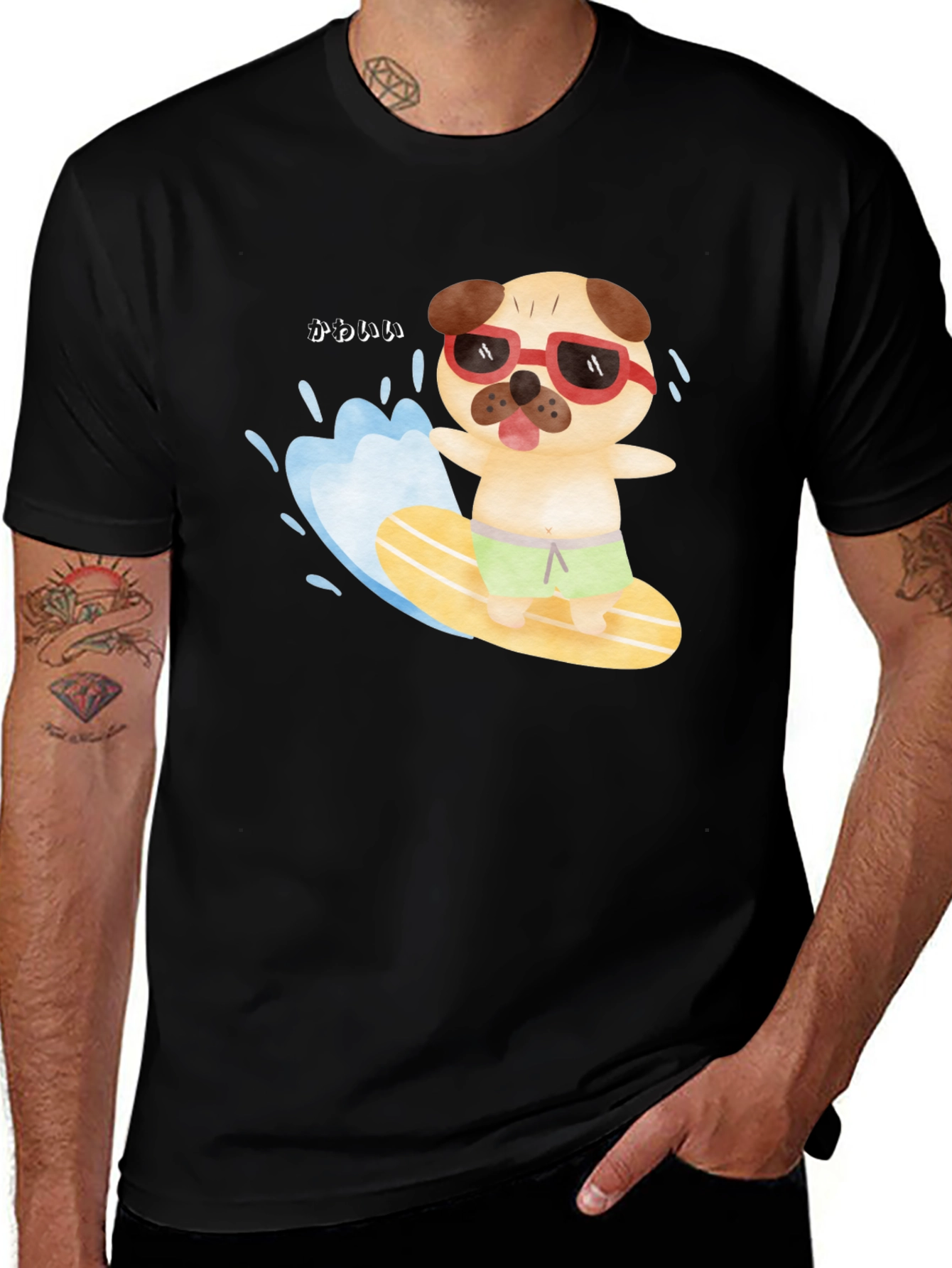 Variant 4 of Surfing Pug Graphic Tee - Black Casual T-Shirt
