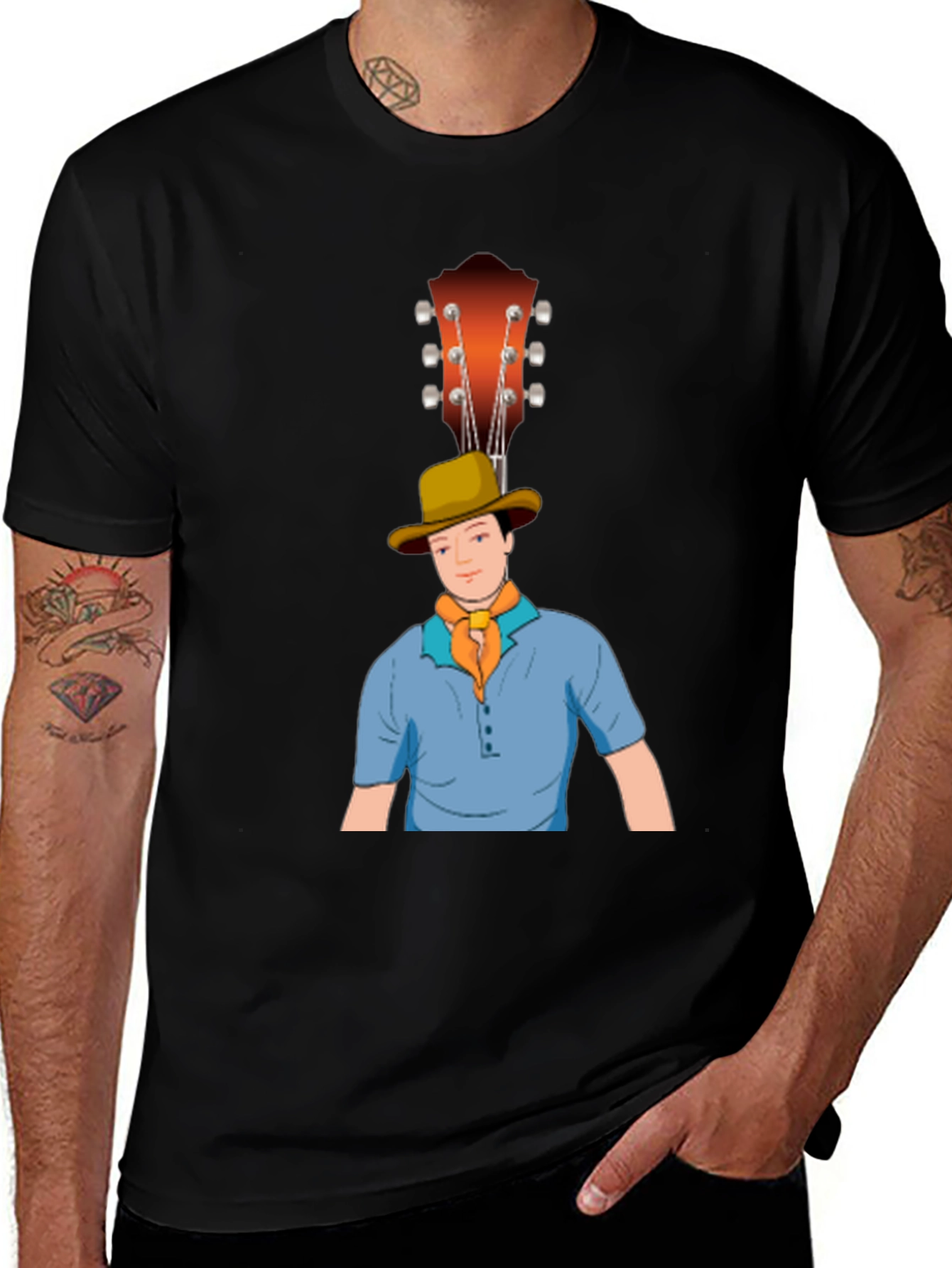 Variant 25 of Guitar Man Cartoon Graphic Tee - Black