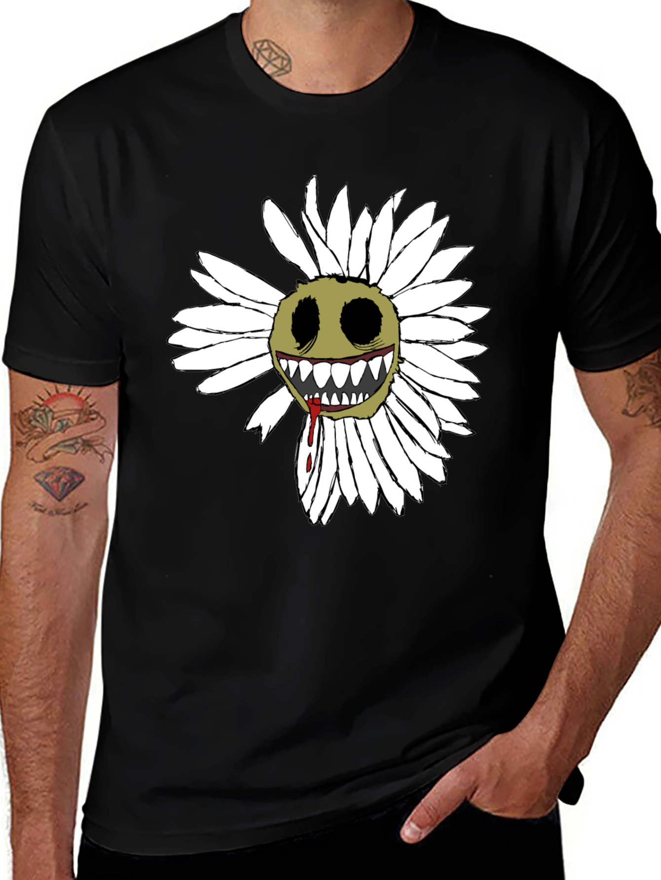Variant 15 of Creepy Daisy Graphic Tee - Black Cotton Blend