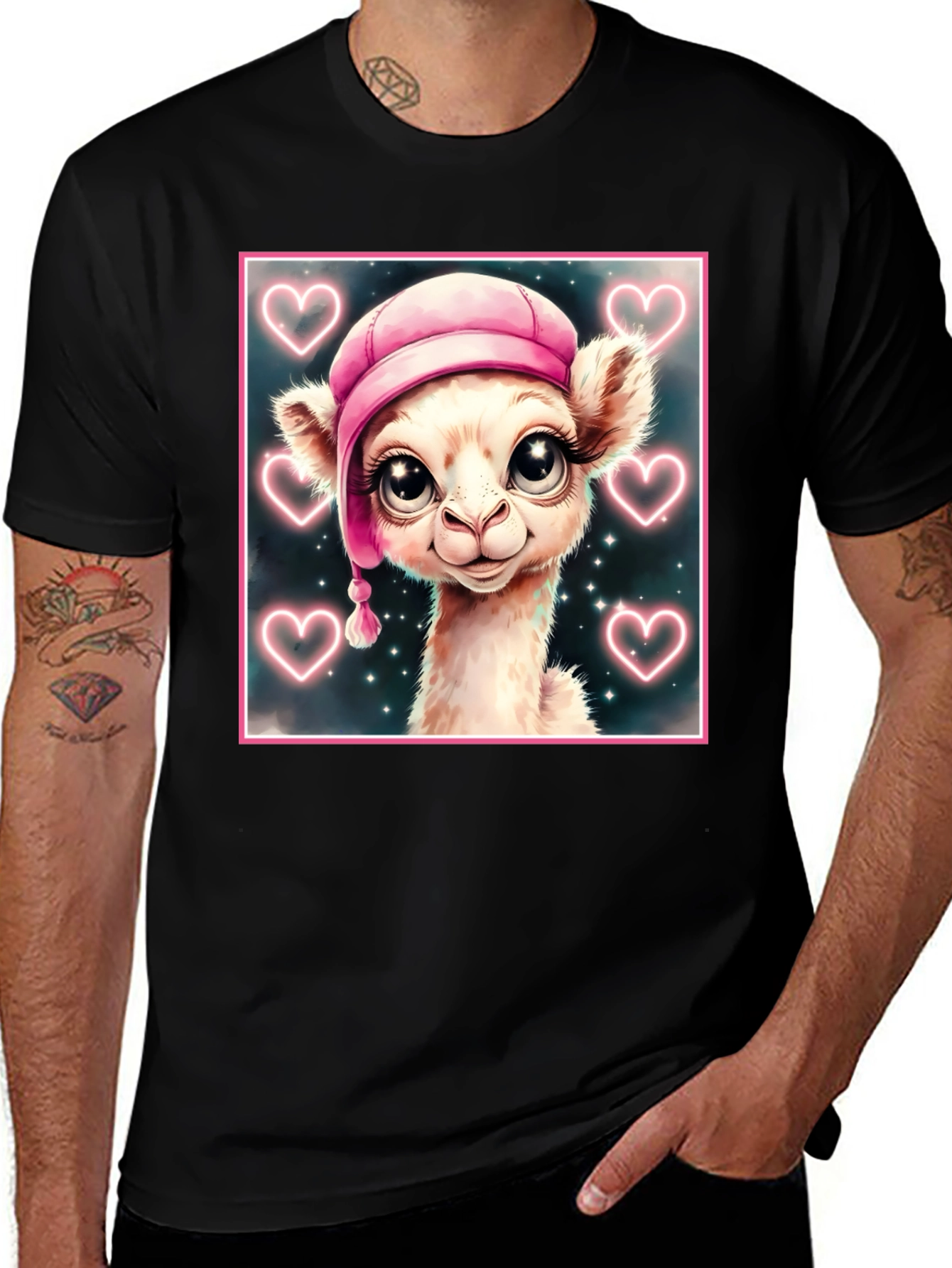 Black Cute Llama in Pink Hat - Graphic Tee main image