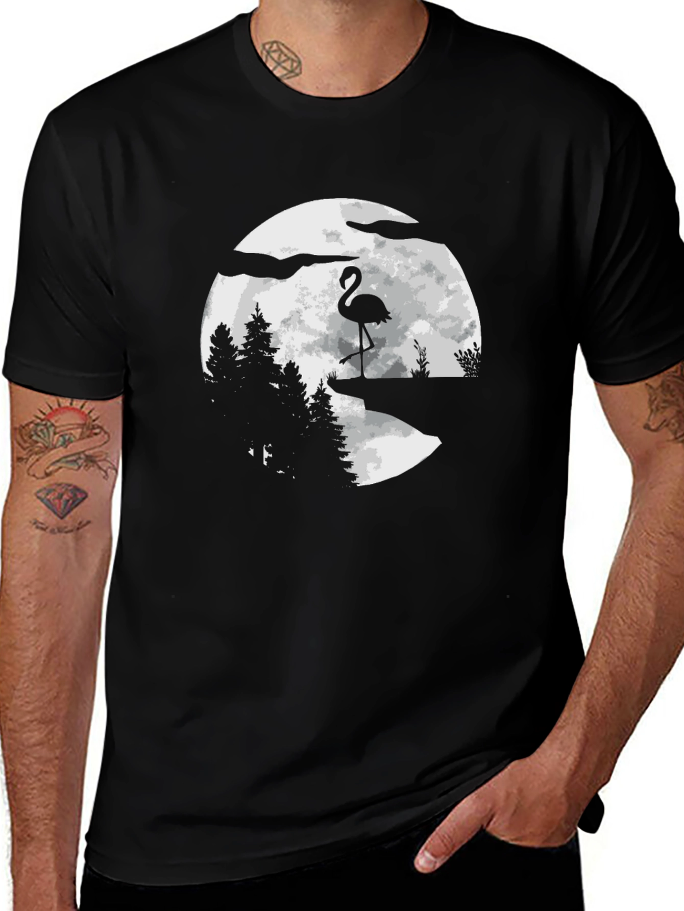Variant 9 of Flamingo Moon Graphic Tee - Men's Black T-Shirt