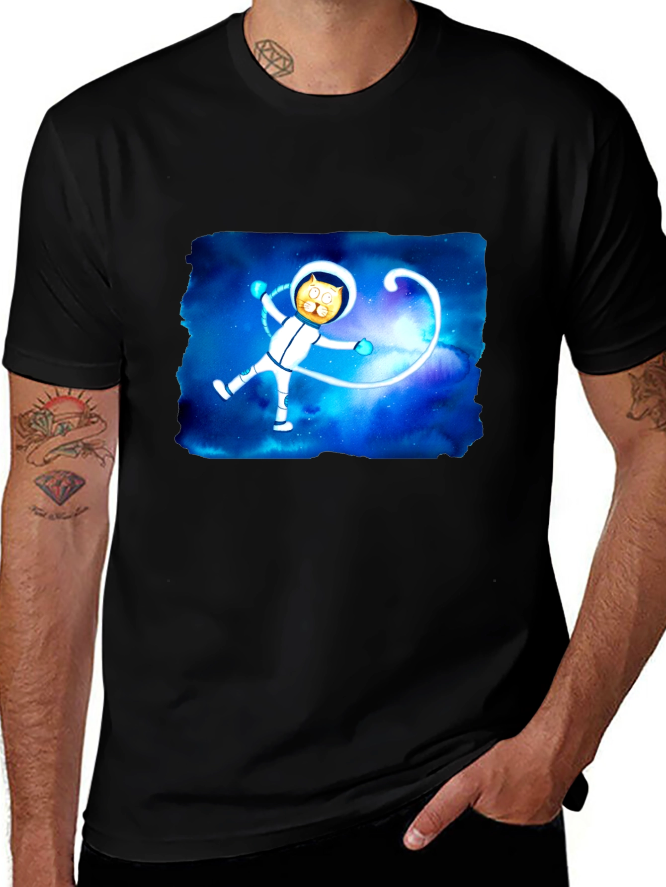 Astronaut Cat Graphic Black T-Shirt