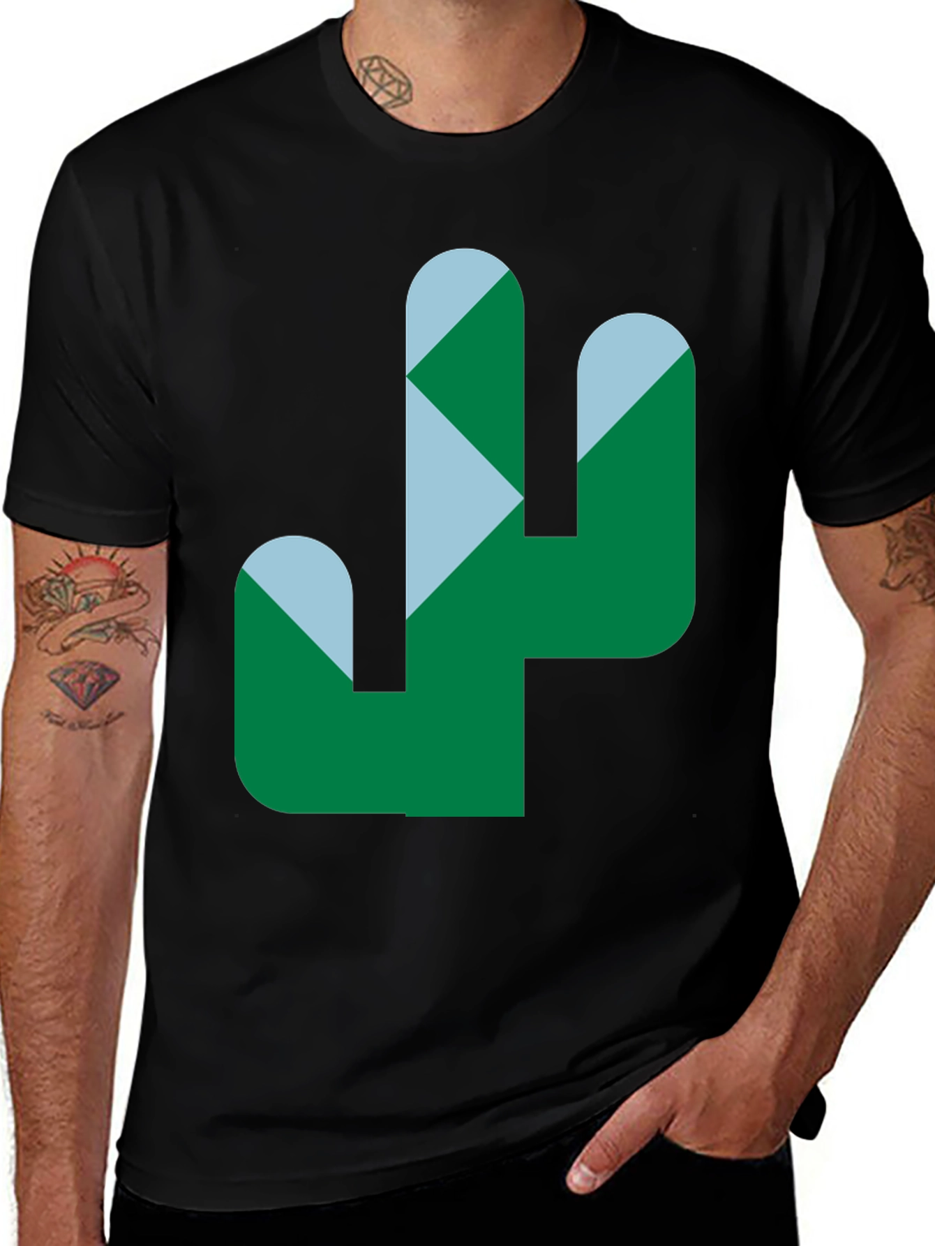 Variant 9 of Geometric Cactus Graphic Tee - Black Cotton Casual Shirt