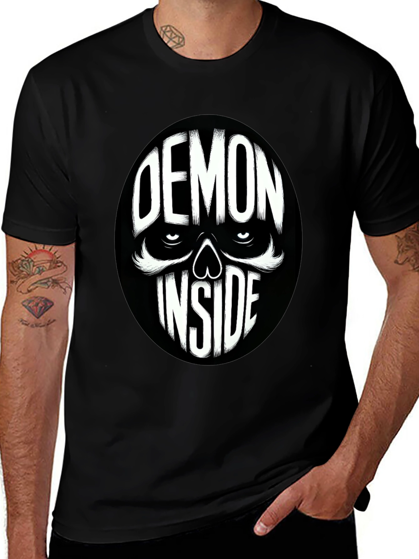 Variant 23 of Demon Inside Skull Graphic Tee - Black Cotton Blend